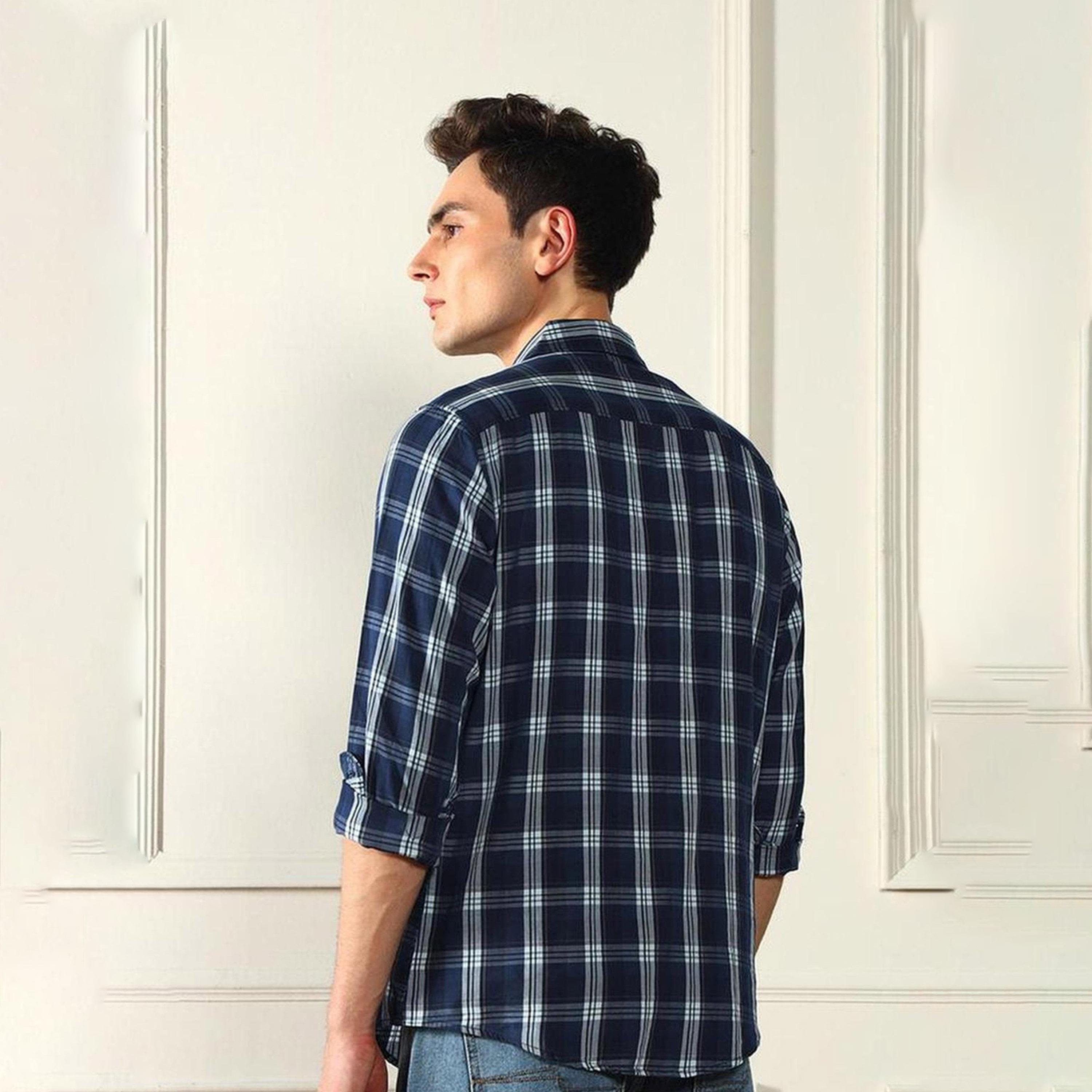 دينيس لينغو× ستايلي-  قميص كاجوال قماش ترتان الأزرق-men-clothing-shirts-image-2