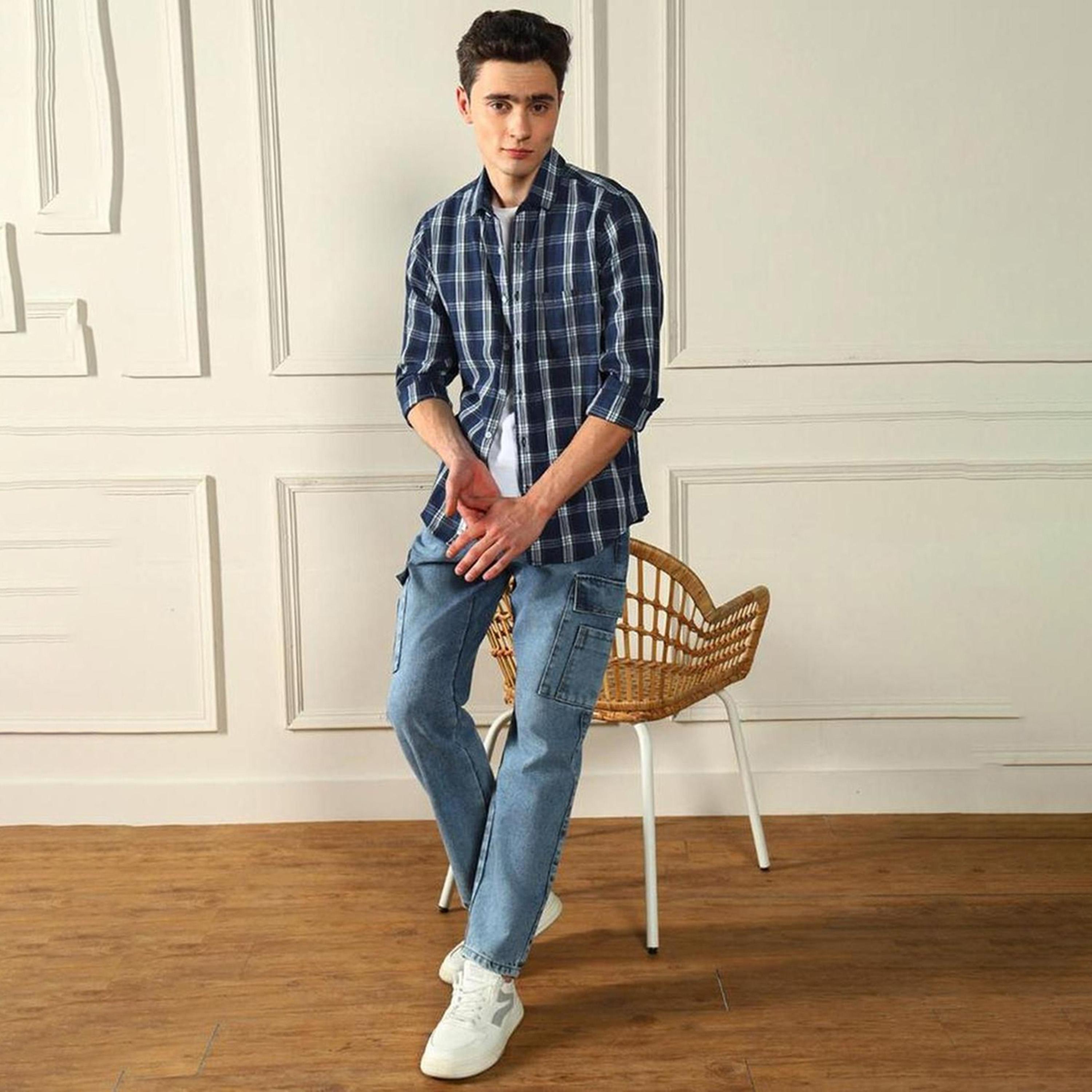 دينيس لينغو× ستايلي-  قميص كاجوال قماش ترتان الأزرق-men-clothing-shirts-image-3