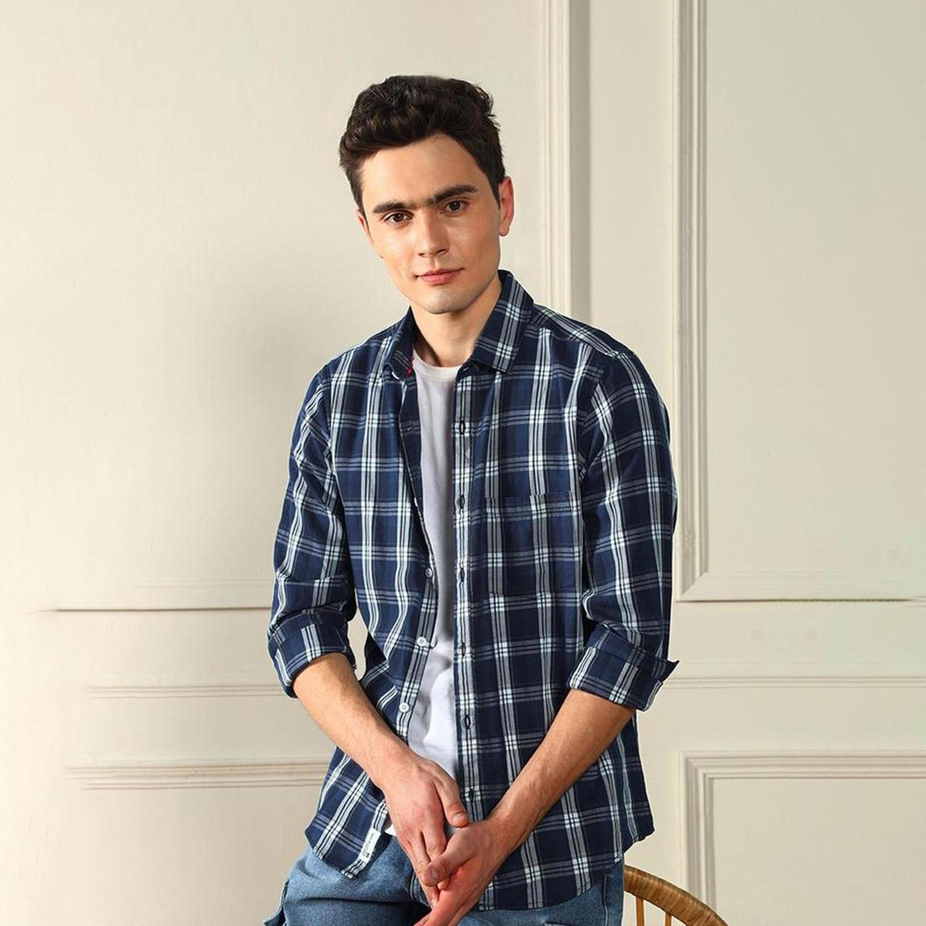 دينيس لينغو× ستايلي-  قميص كاجوال قماش ترتان الأزرق-men-clothing-shirts-image-4