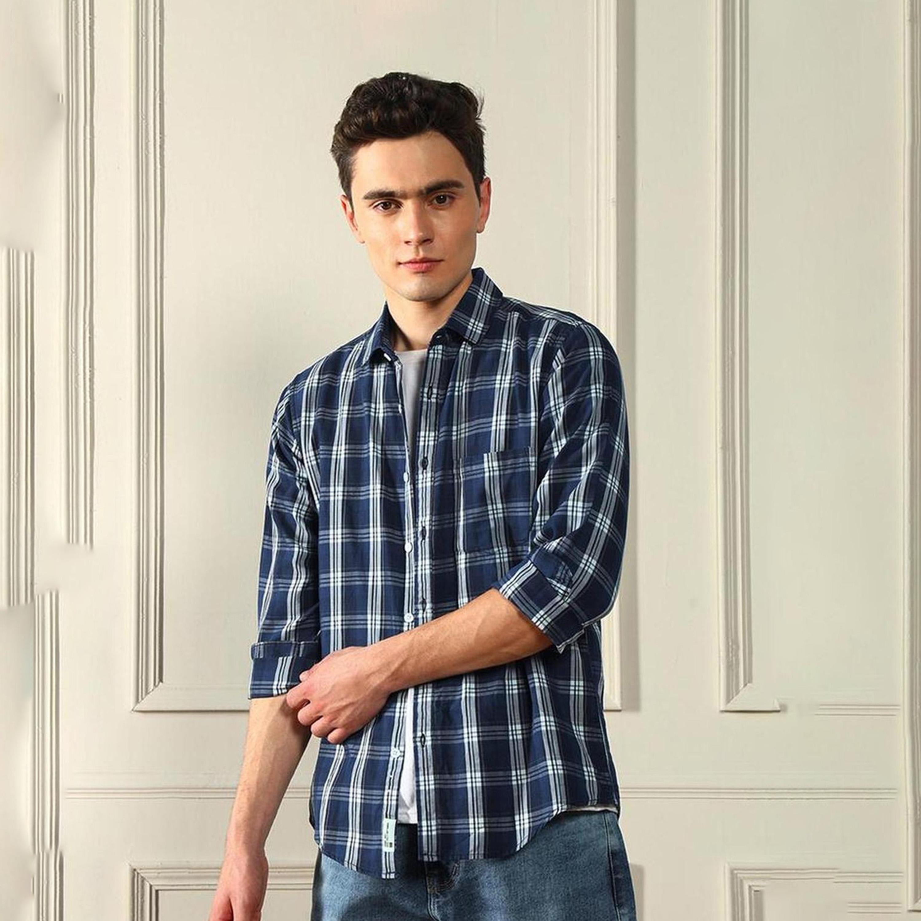 دينيس لينغو× ستايلي-  قميص كاجوال قماش ترتان الأزرق-men-clothing-shirts-image-6