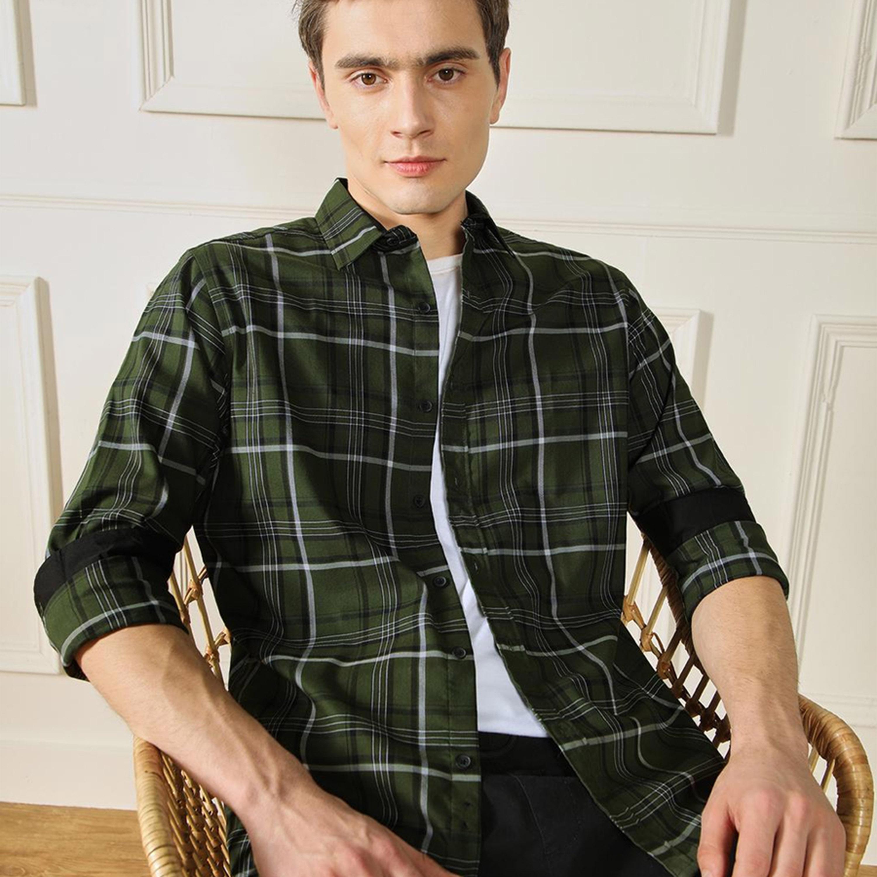دينيس لينغو× ستايلي-  قميص كاجوال قطن ياقة واسعة ومربعات قماش ترتان الأخضر-men-clothing-shirts-image-1