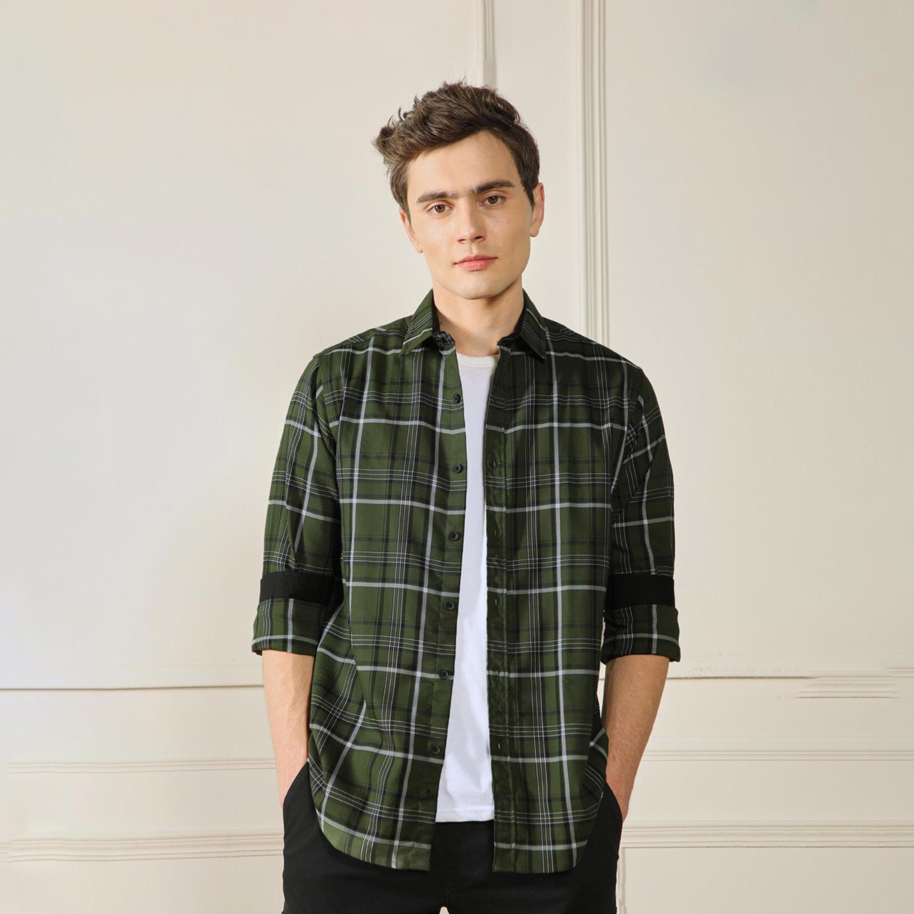 دينيس لينغو× ستايلي-  قميص كاجوال قطن ياقة واسعة ومربعات قماش ترتان الأخضر-men-clothing-shirts-image-2