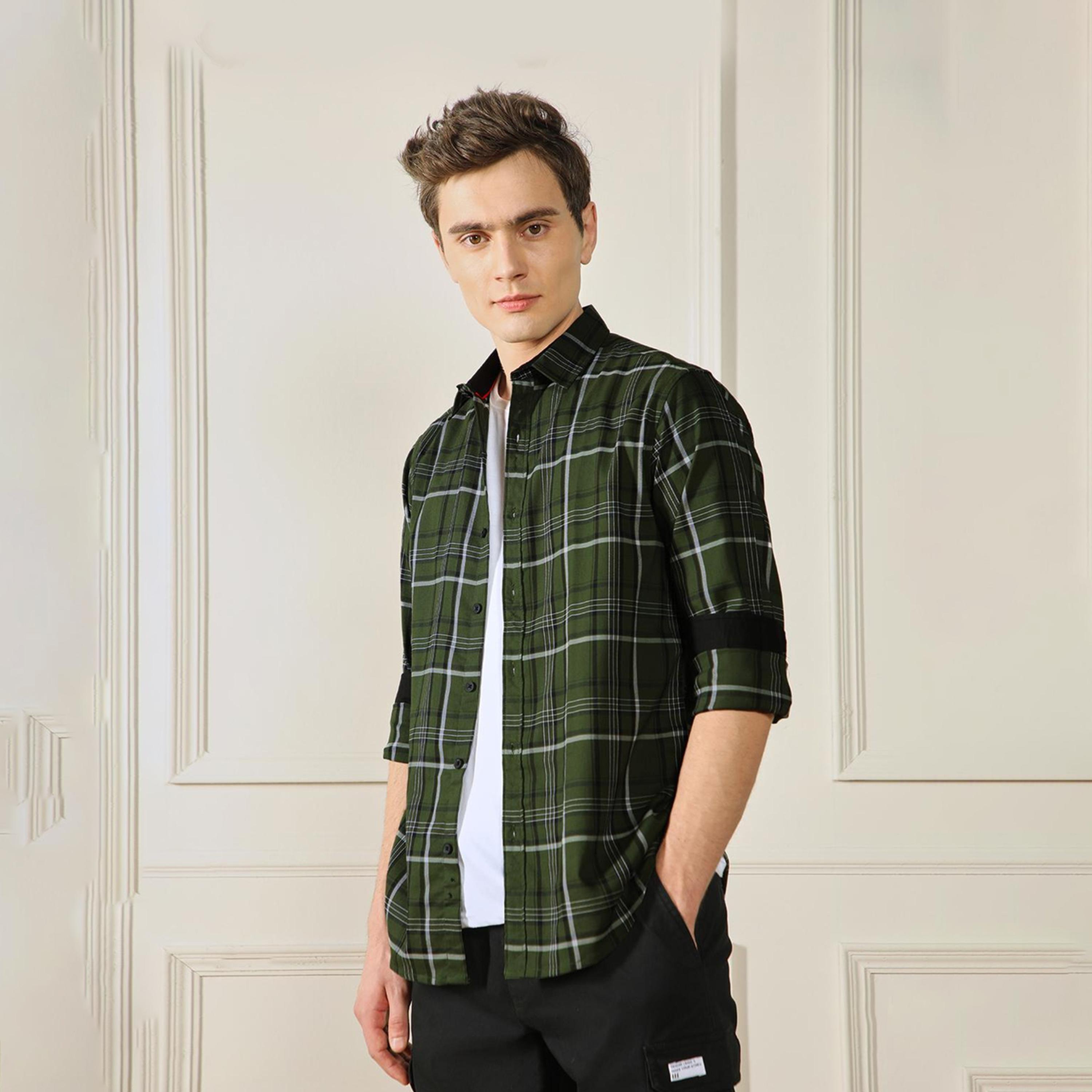 دينيس لينغو× ستايلي-  قميص كاجوال قطن ياقة واسعة ومربعات قماش ترتان الأخضر-men-clothing-shirts-image-3