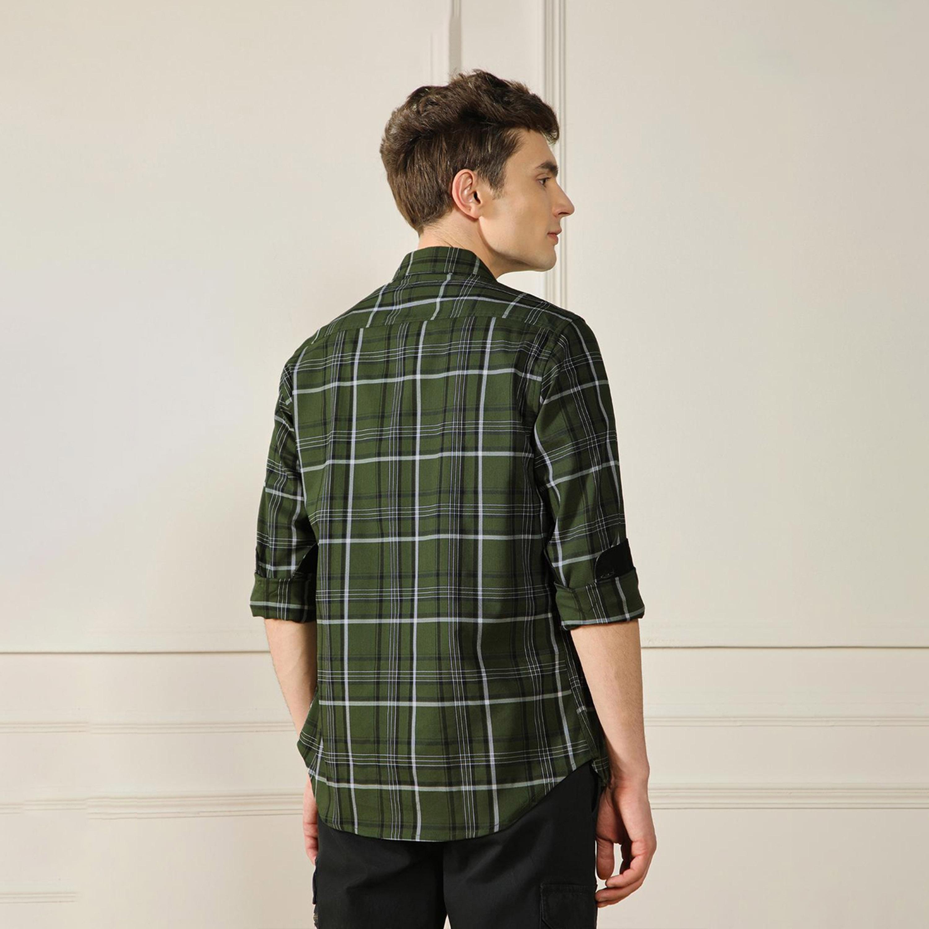 Dennis Lingo X Styli Green Tartan Checks Spread Collar Cotton Regular Fit Casual Shirt-men-clothing-shirts-image-4