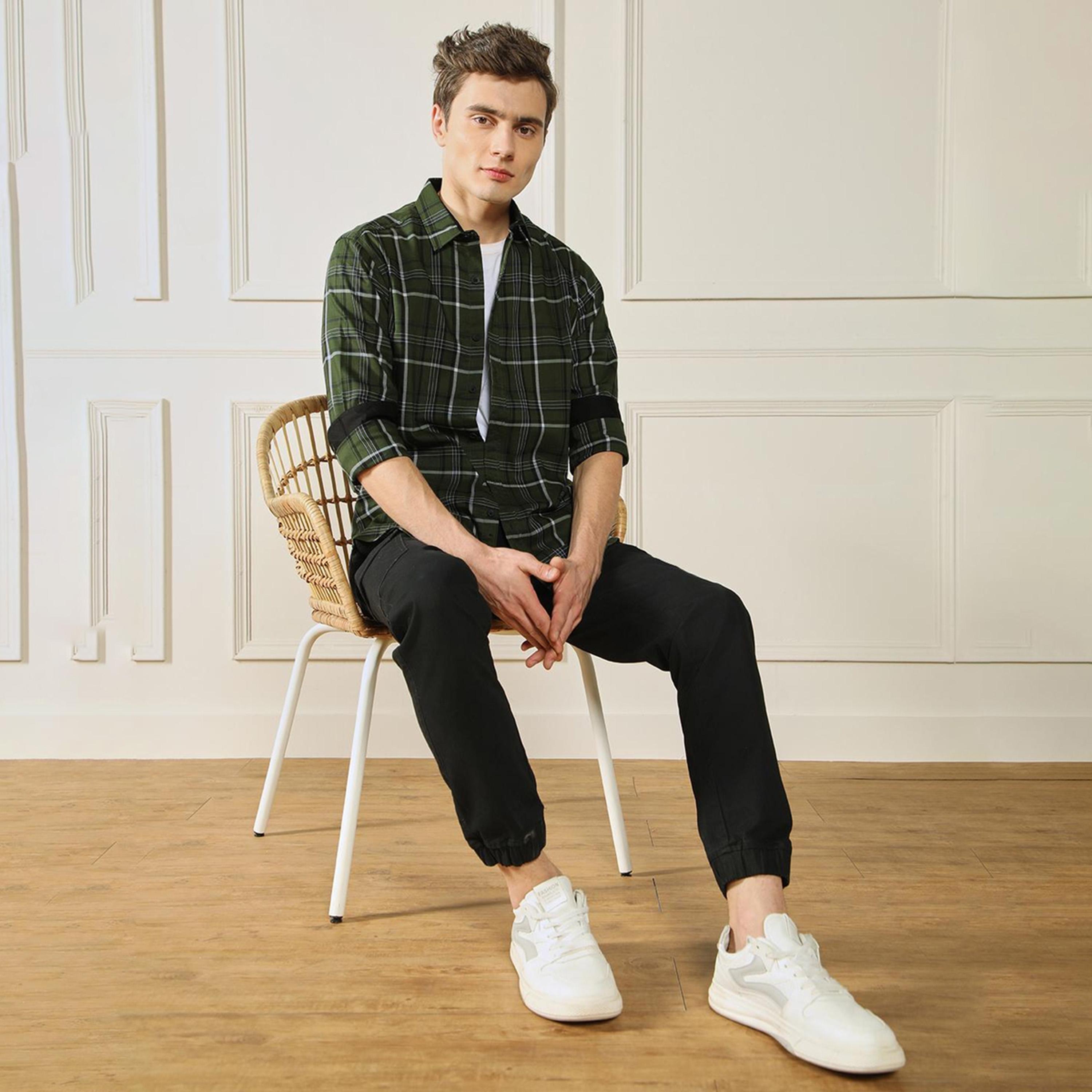 دينيس لينغو× ستايلي-  قميص كاجوال قطن ياقة واسعة ومربعات قماش ترتان الأخضر-men-clothing-shirts-image-6