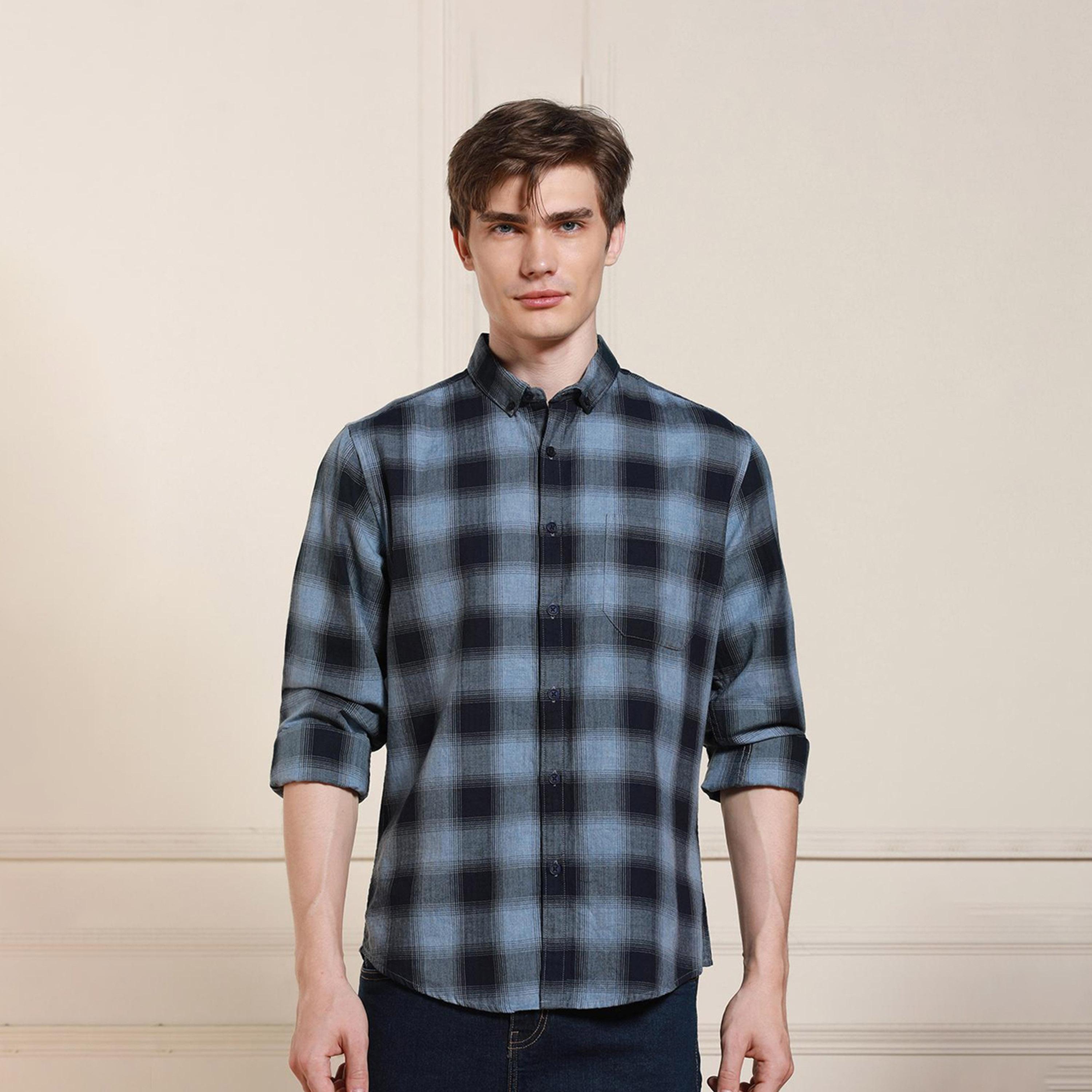 دينيس لينغو× ستايلي-  قميص كاجوال قطن غير الشفاف ياقة مربعات قماش ترتان الأزرق-men-clothing-shirts-image-1