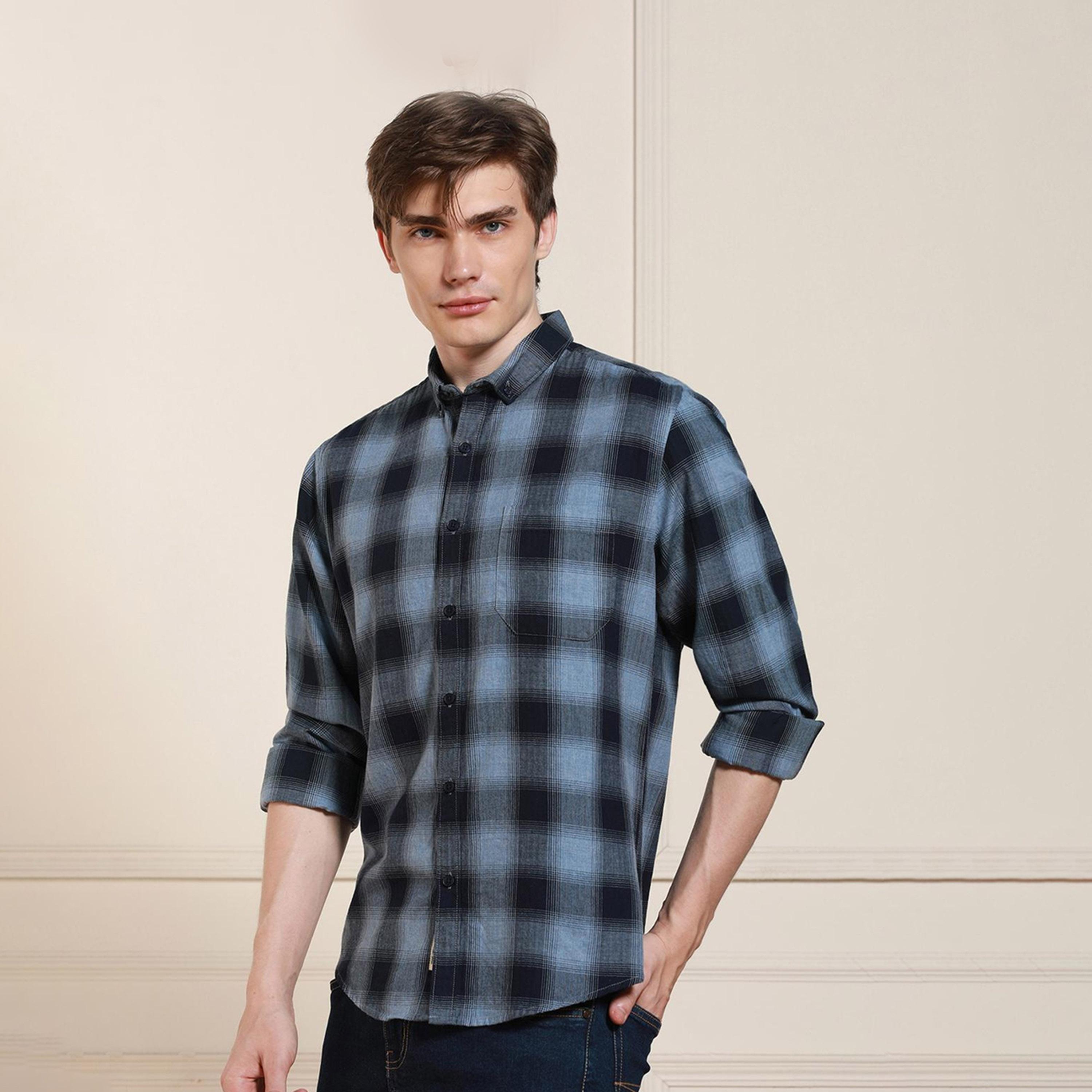 دينيس لينغو× ستايلي-  قميص كاجوال قطن غير الشفاف ياقة مربعات قماش ترتان الأزرق-men-clothing-shirts-image-2