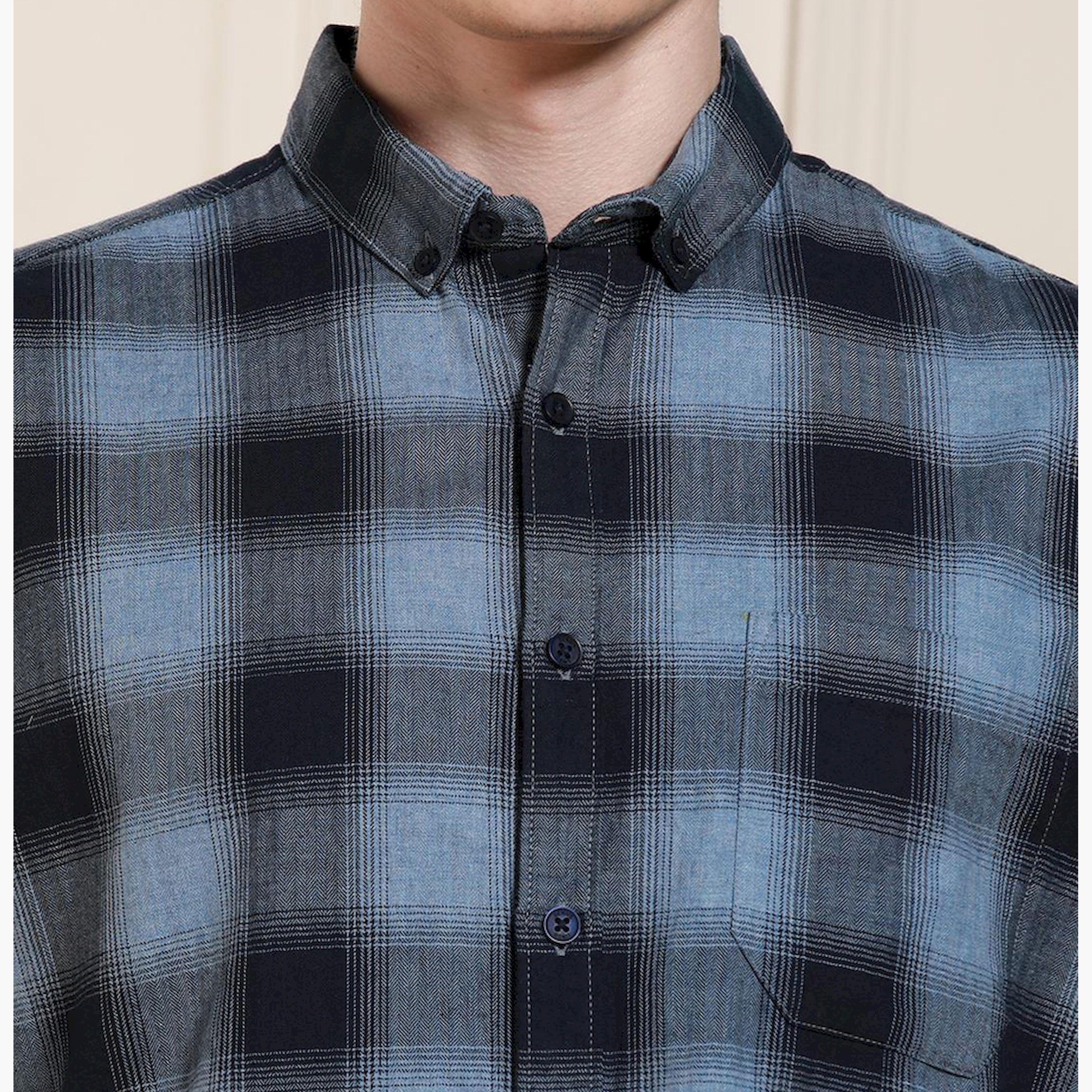دينيس لينغو× ستايلي-  قميص كاجوال قطن غير الشفاف ياقة مربعات قماش ترتان الأزرق-men-clothing-shirts-image-3