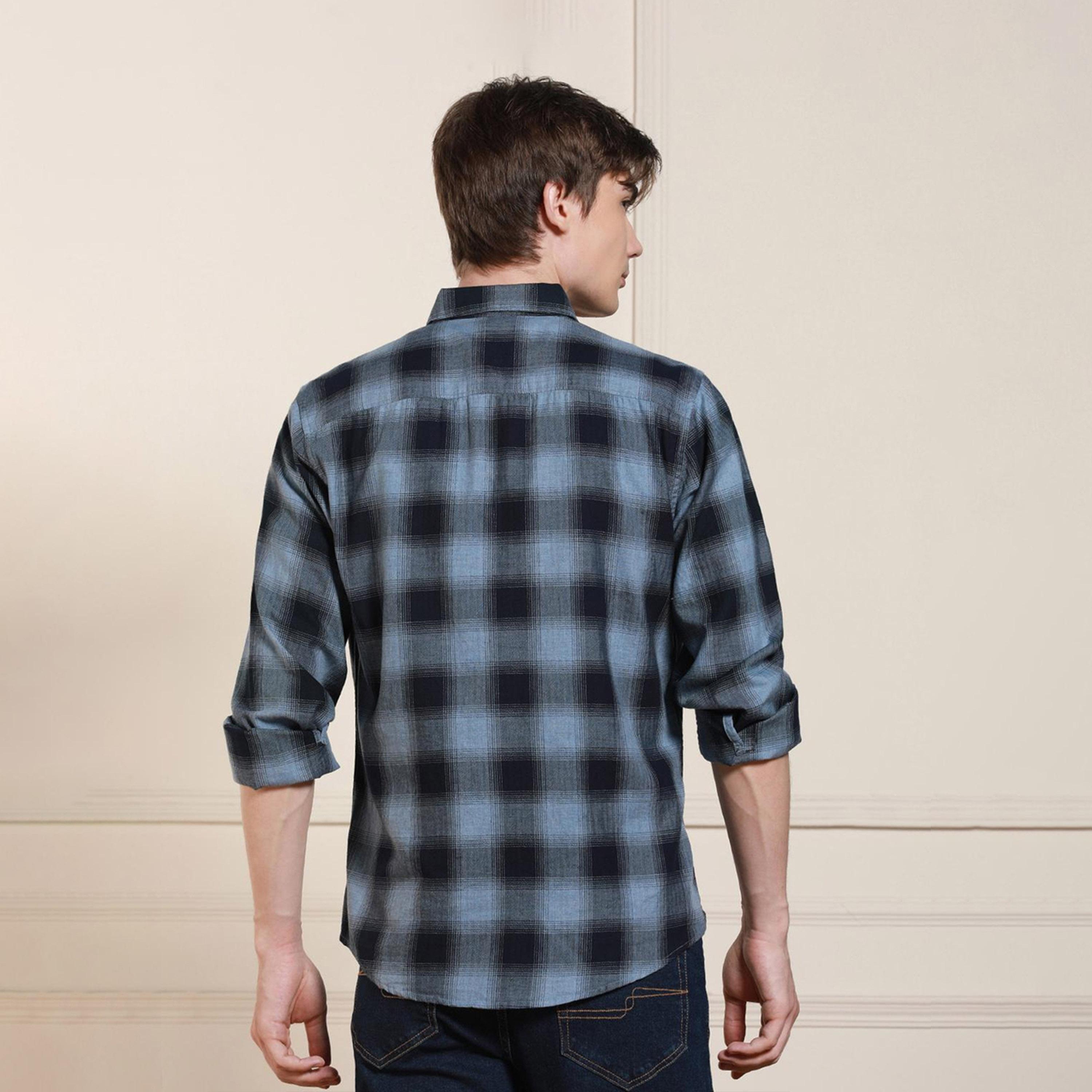 دينيس لينغو× ستايلي-  قميص كاجوال قطن غير الشفاف ياقة مربعات قماش ترتان الأزرق-men-clothing-shirts-image-4