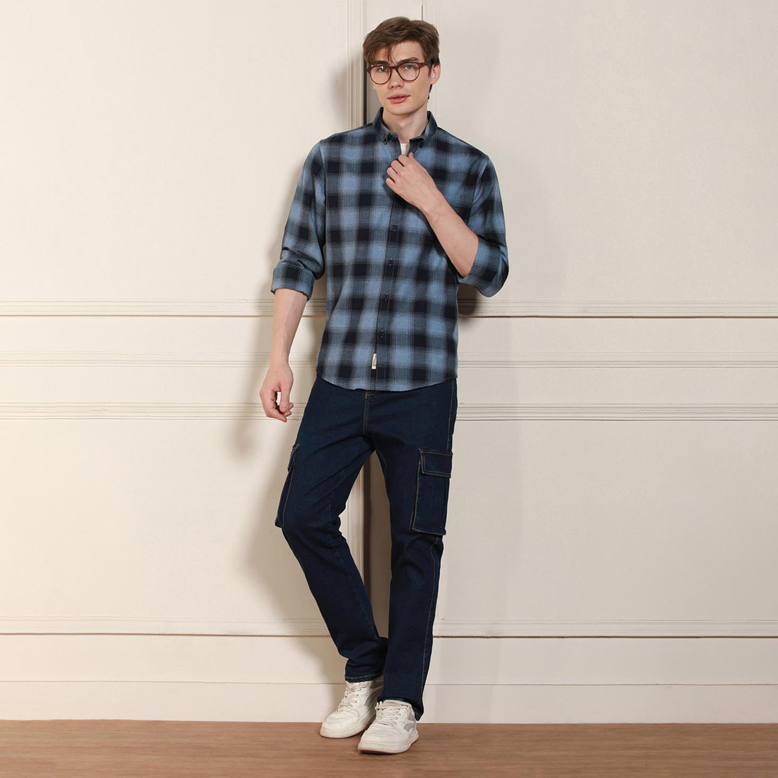 Dennis Lingo X Styli Blue Tartan Checks Button Down Collar Opaque Cotton Casual Shirt-men-clothing-shirts-image-5