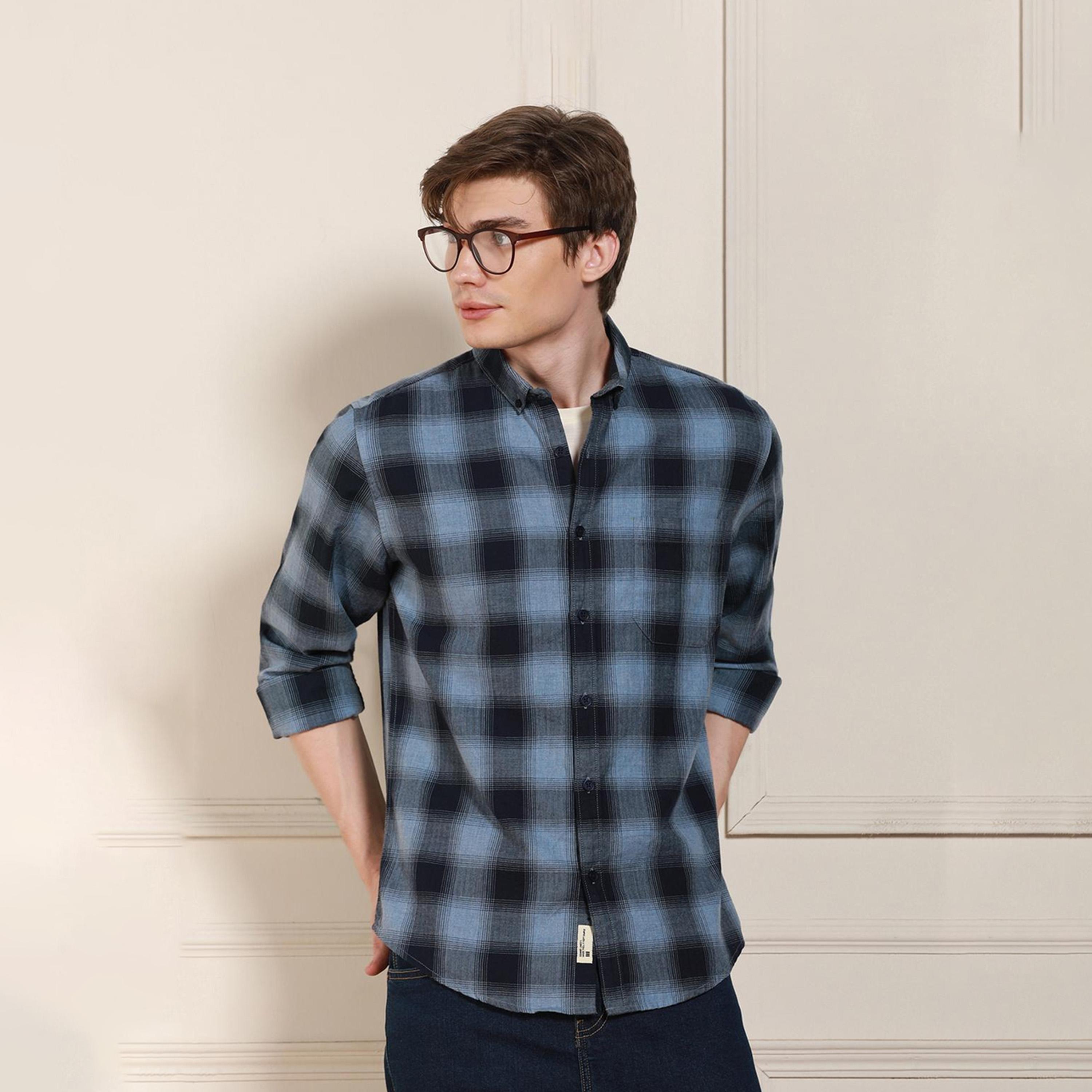 Dennis Lingo X Styli Blue Tartan Checks Button Down Collar Opaque Cotton Casual Shirt-men-clothing-shirts-image-6