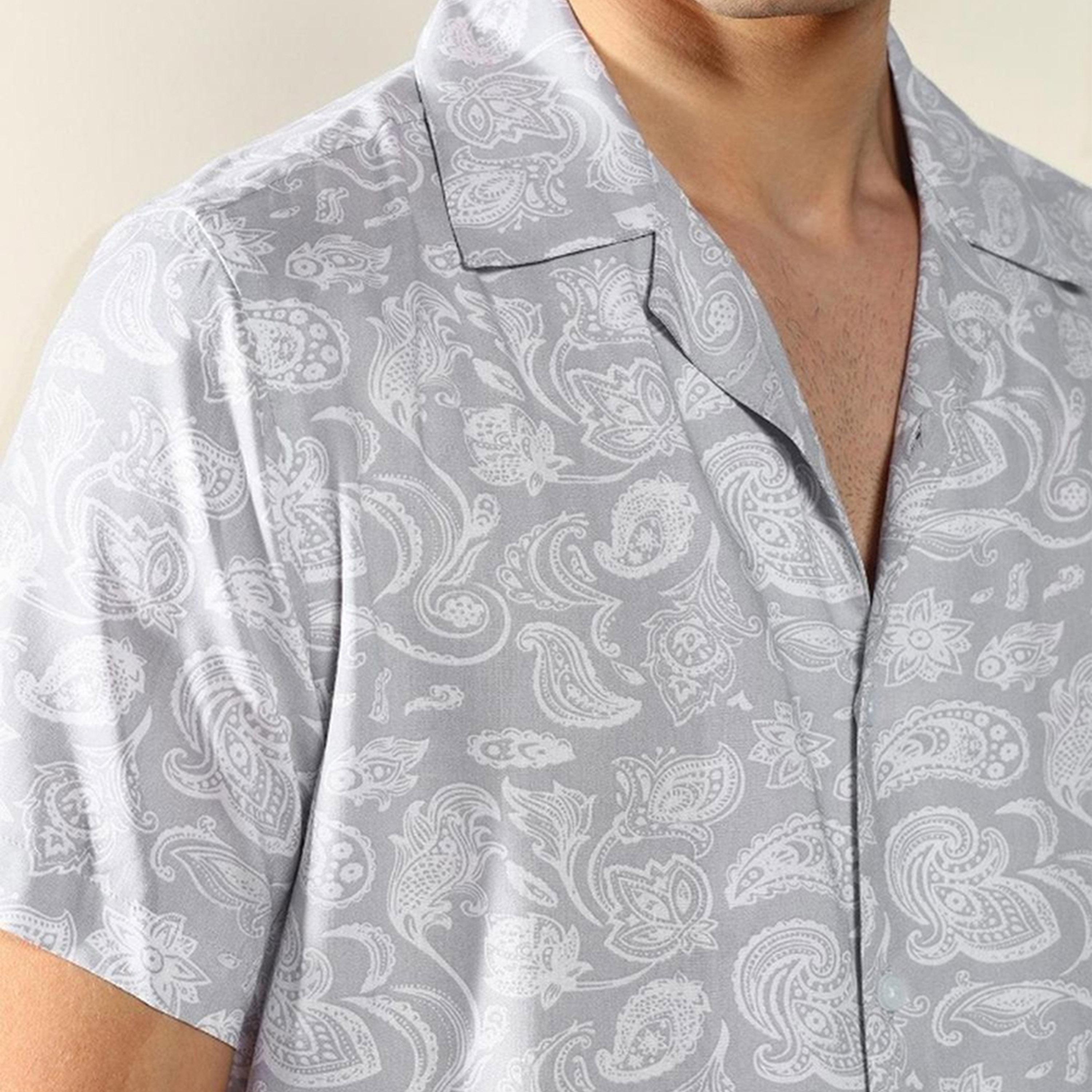 دينيس لينغو× ستايلي-  قميص كاجوال بزخارف عرقية رمادية اللون وياقة كوبية مطبوعة-men-clothing-shirts-image-6