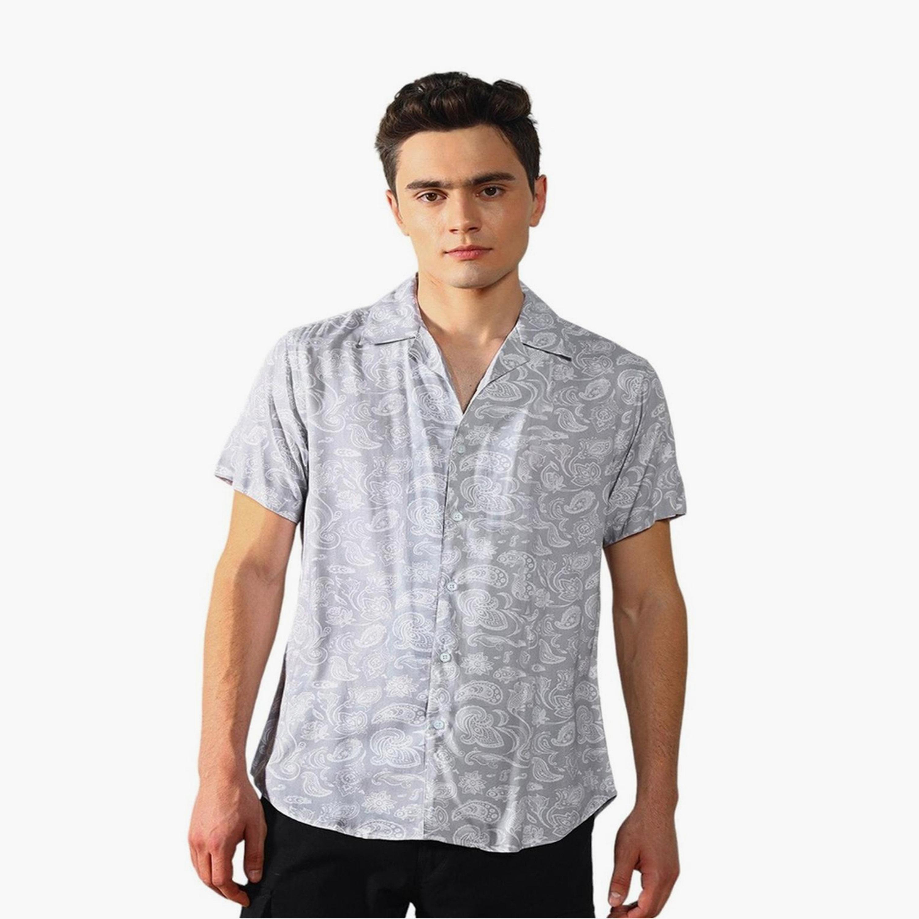 دينيس لينغو× ستايلي-  قميص كاجوال بزخارف عرقية رمادية اللون وياقة كوبية مطبوعة-men-clothing-shirts-image-7