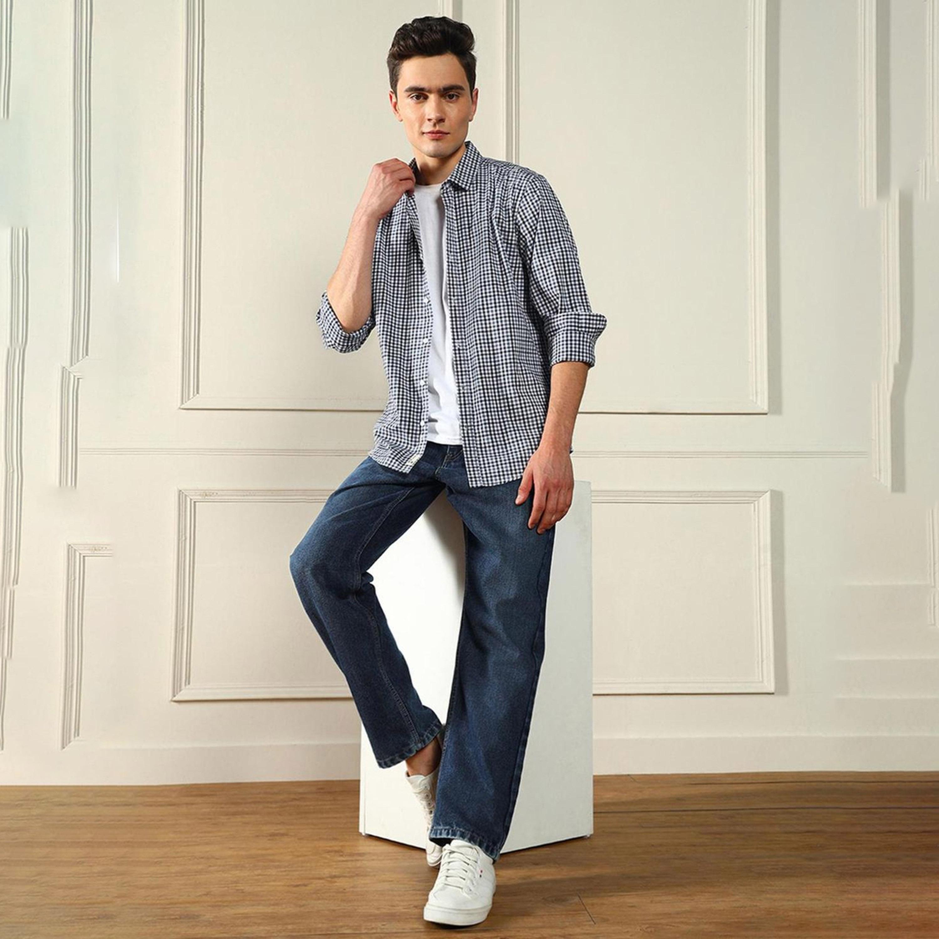 دينيس لينغو× ستايلي-  قميص غير رسمي غير شفاف قطني أزرق مربعات-men-clothing-shirts-image-1
