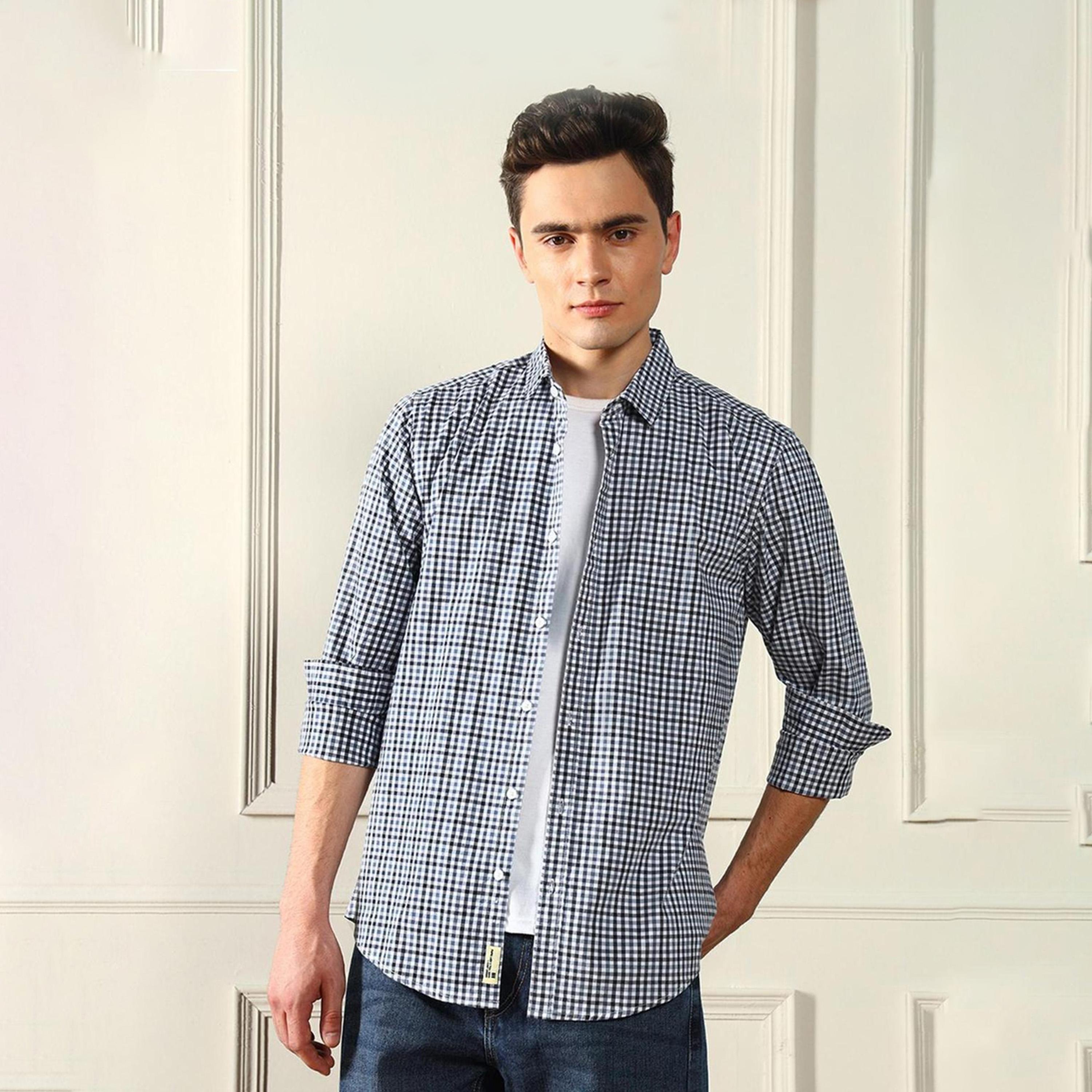 دينيس لينغو× ستايلي-  قميص غير رسمي غير شفاف قطني أزرق مربعات-men-clothing-shirts-image-3