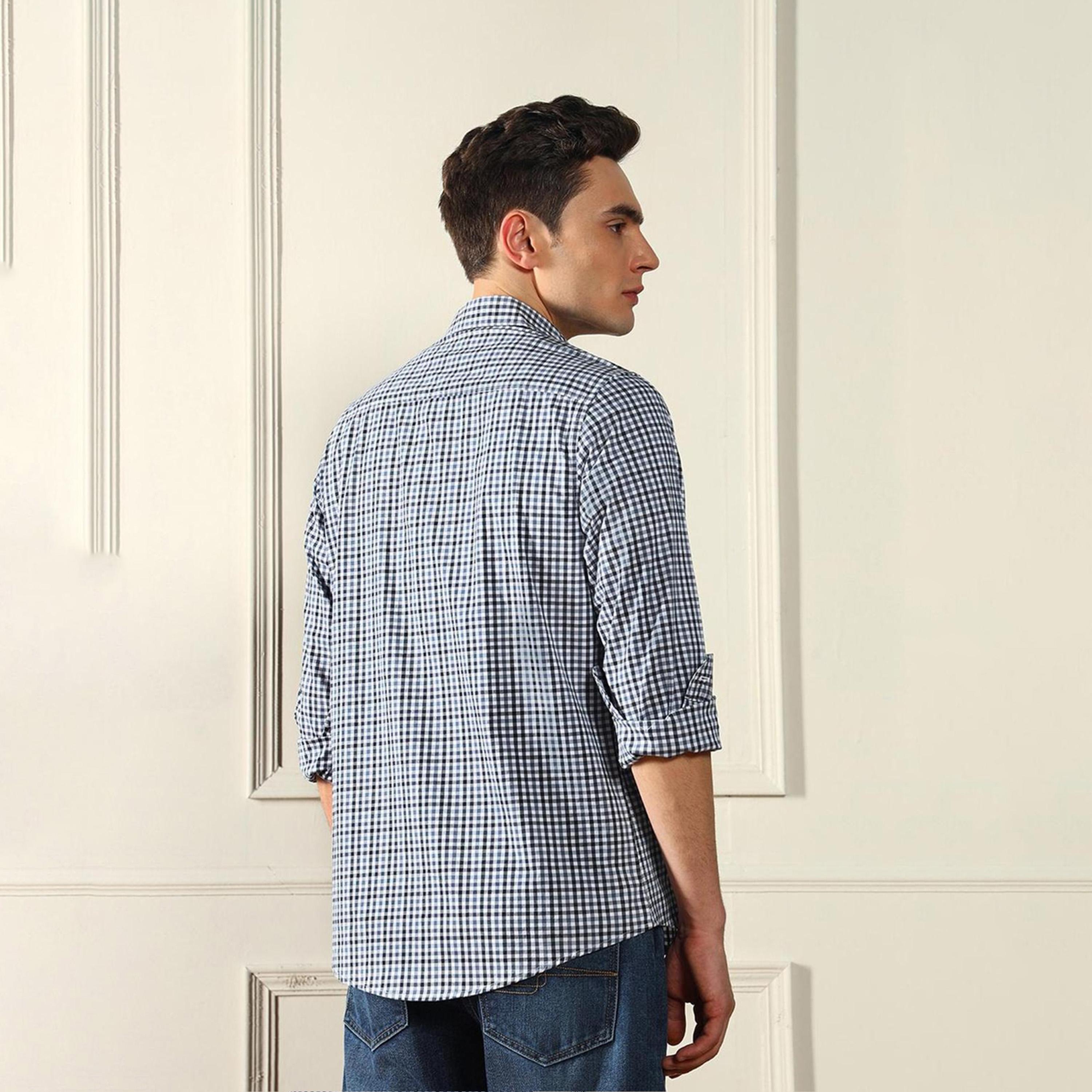 دينيس لينغو× ستايلي-  قميص غير رسمي غير شفاف قطني أزرق مربعات-men-clothing-shirts-image-5