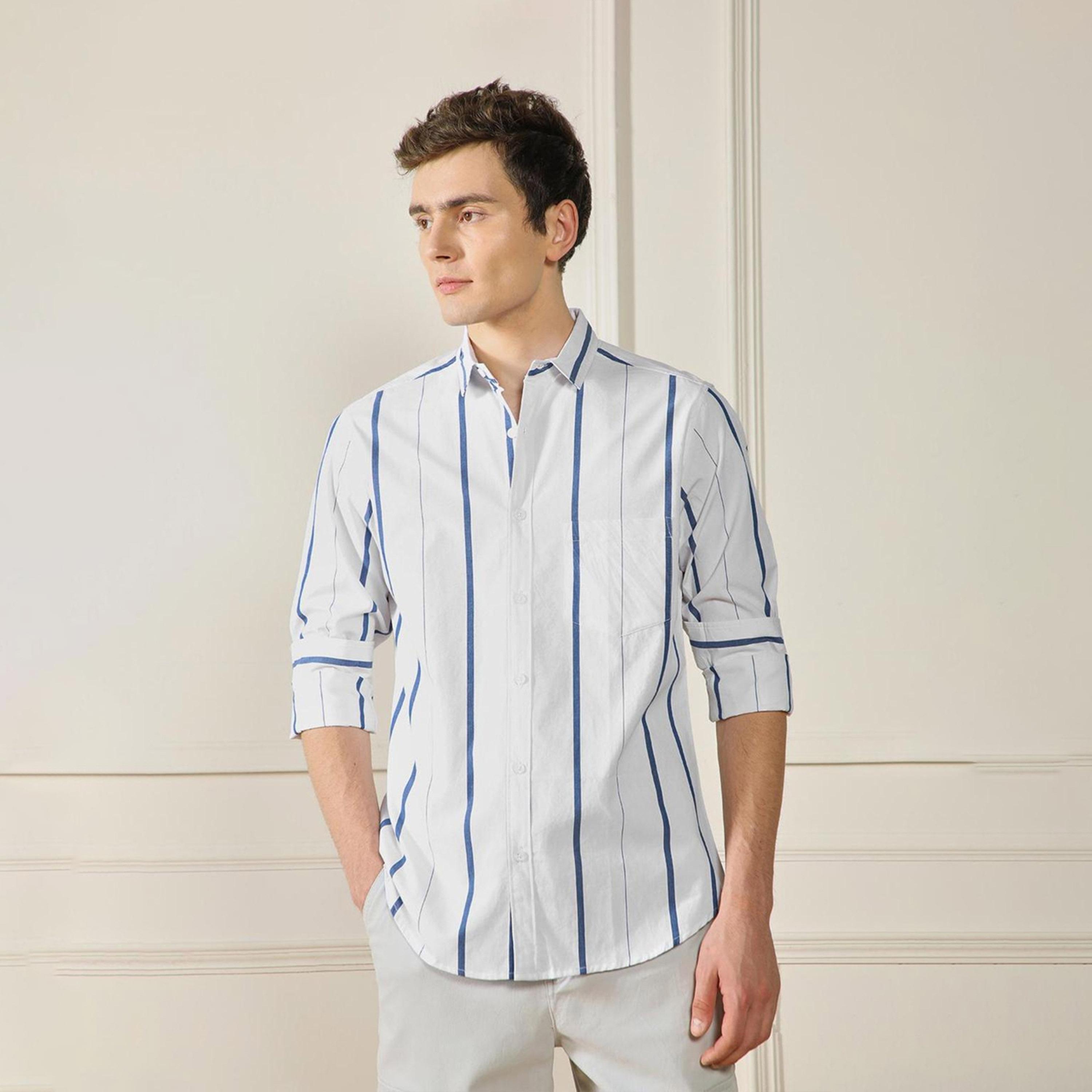 دينيس لينغو× ستايلي-  قميص أبيض ياقة واسعة قطن مخطط بقصة عادية-men-clothing-shirts-image-1
