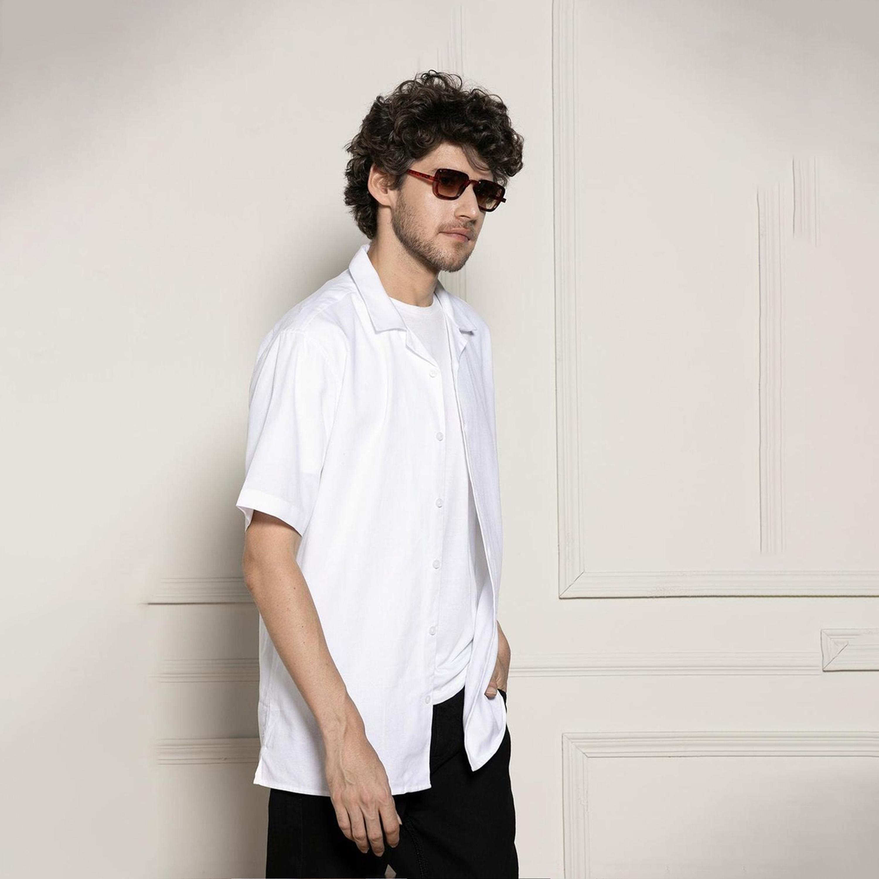 دينيس لينغو× ستايلي-  قميص أبيض ياقة واسعة وأكمام قصيرة قطن-men-clothing-shirts-image-5