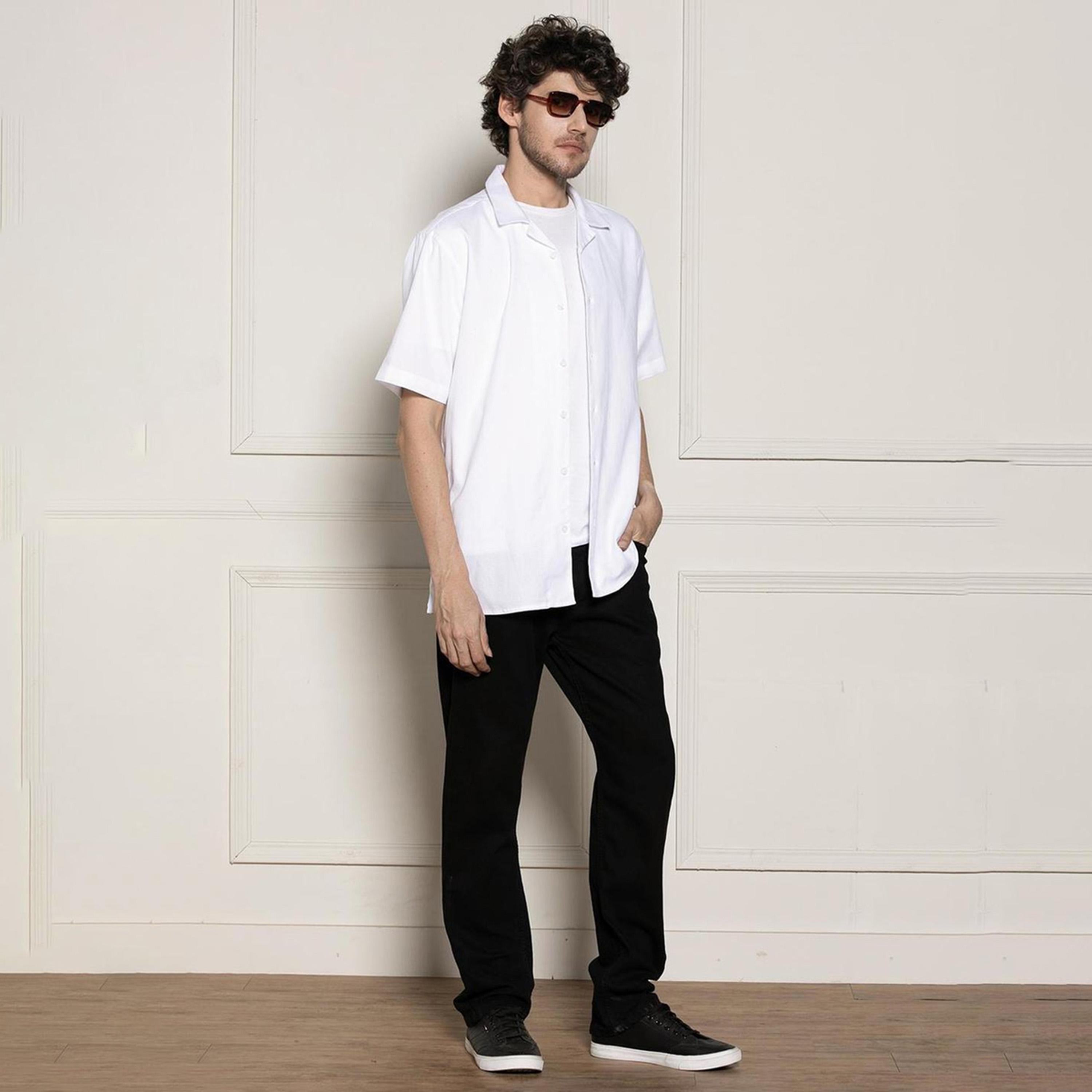 دينيس لينغو× ستايلي-  قميص أبيض ياقة واسعة وأكمام قصيرة قطن-men-clothing-shirts-image-6