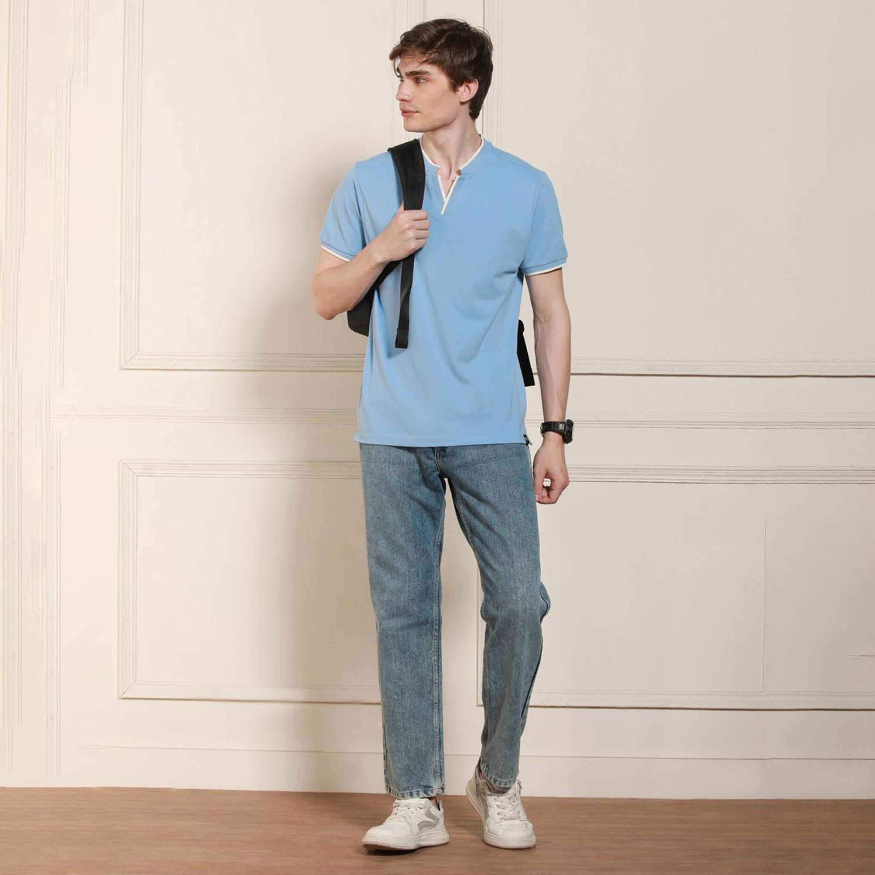 Dennis Lingo X Styli Blue Henley Neck Short Sleeves Regular Fit Cotton T-shirt-men-clothing-tshirtsandpolos-tshirts-image-2