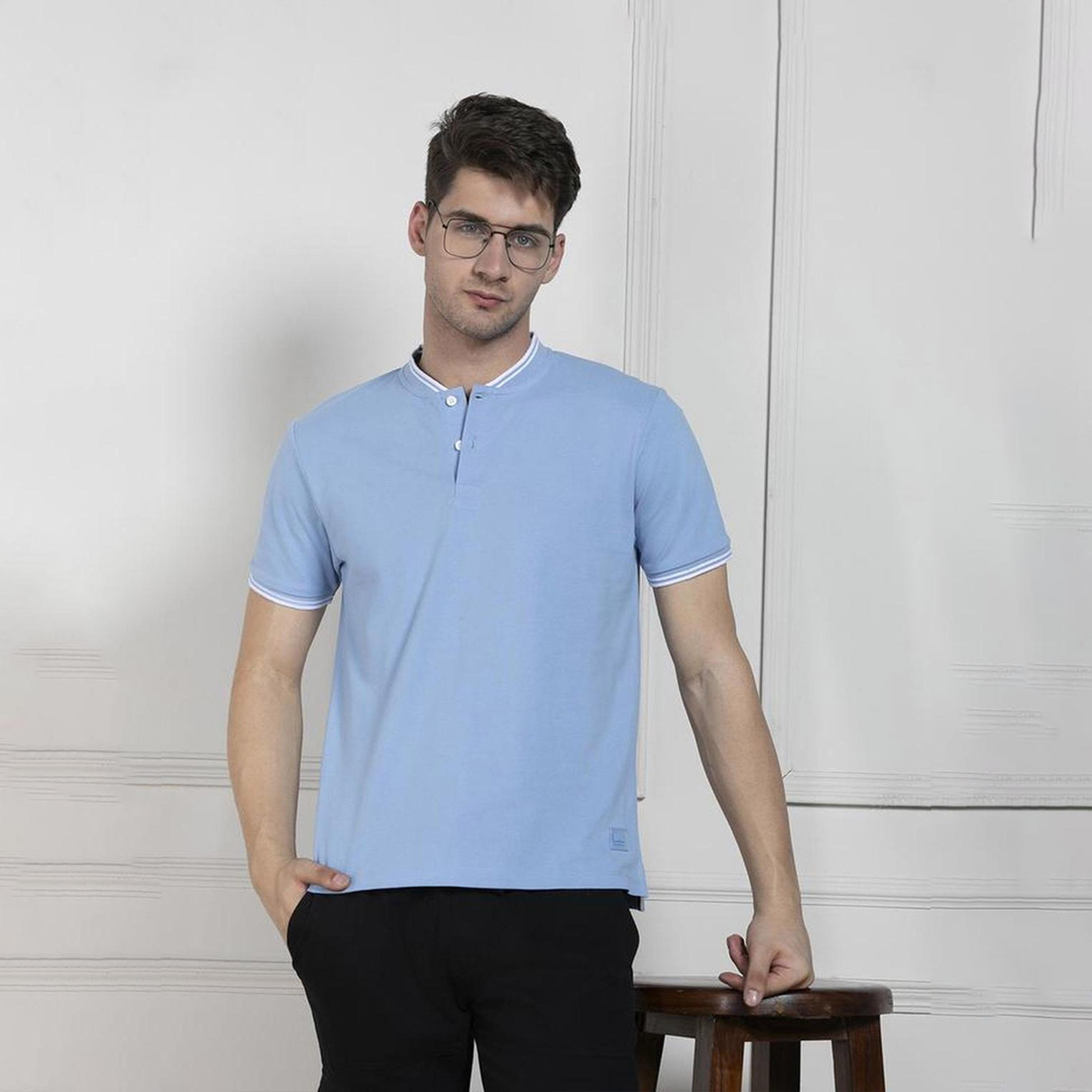 دينيس لينغو× ستايلي-  تي شيرت رجالي ياقة أساسية ومقاس عادي ياقة ماندارين زرقاء-men-clothing-tshirtsandpolos-tshirts-image-2