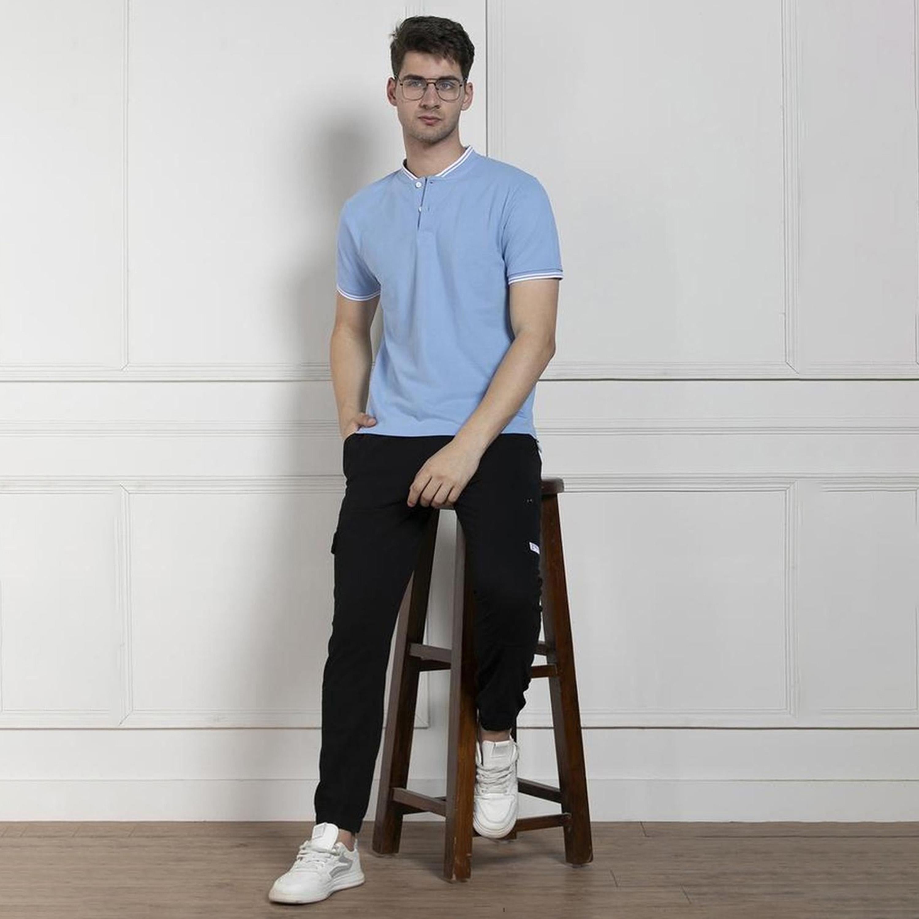دينيس لينغو× ستايلي-  تي شيرت رجالي ياقة أساسية ومقاس عادي ياقة ماندارين زرقاء-men-clothing-tshirtsandpolos-tshirts-image-5