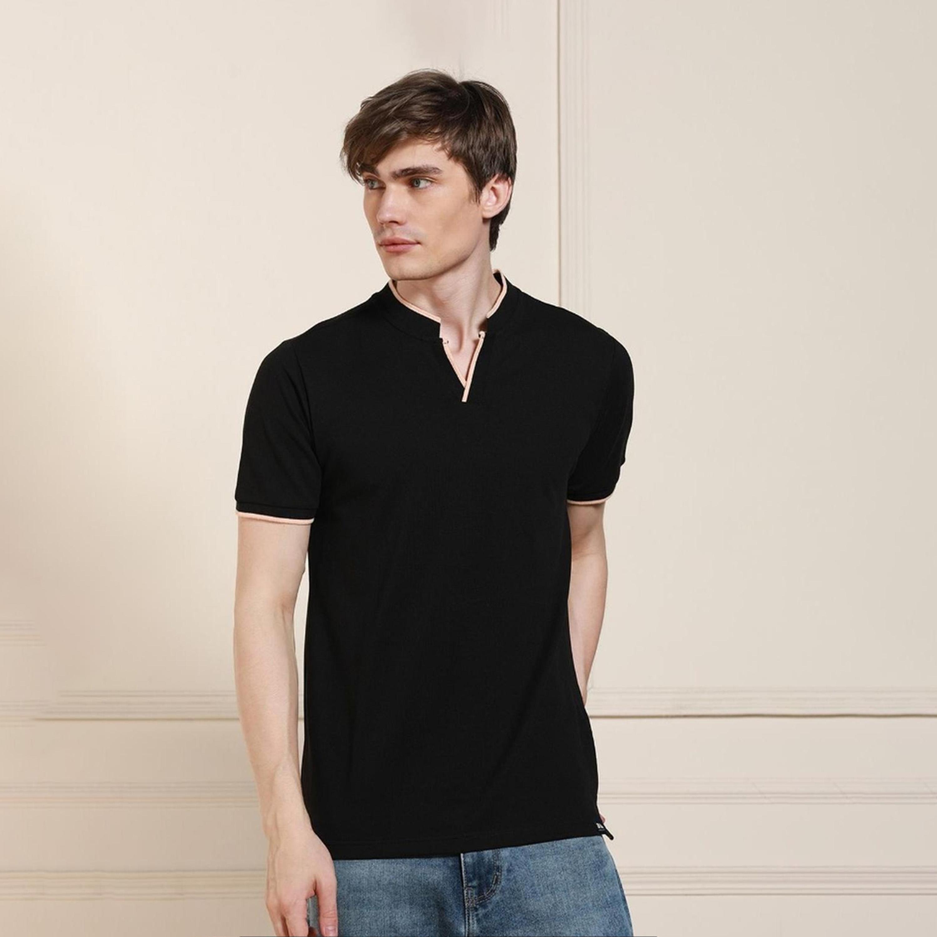 Dennis Lingo X Styli Black Mandarin Collar Short Sleeves Solid T-shirt-men-clothing-tshirtsandpolos-tshirts-image-5