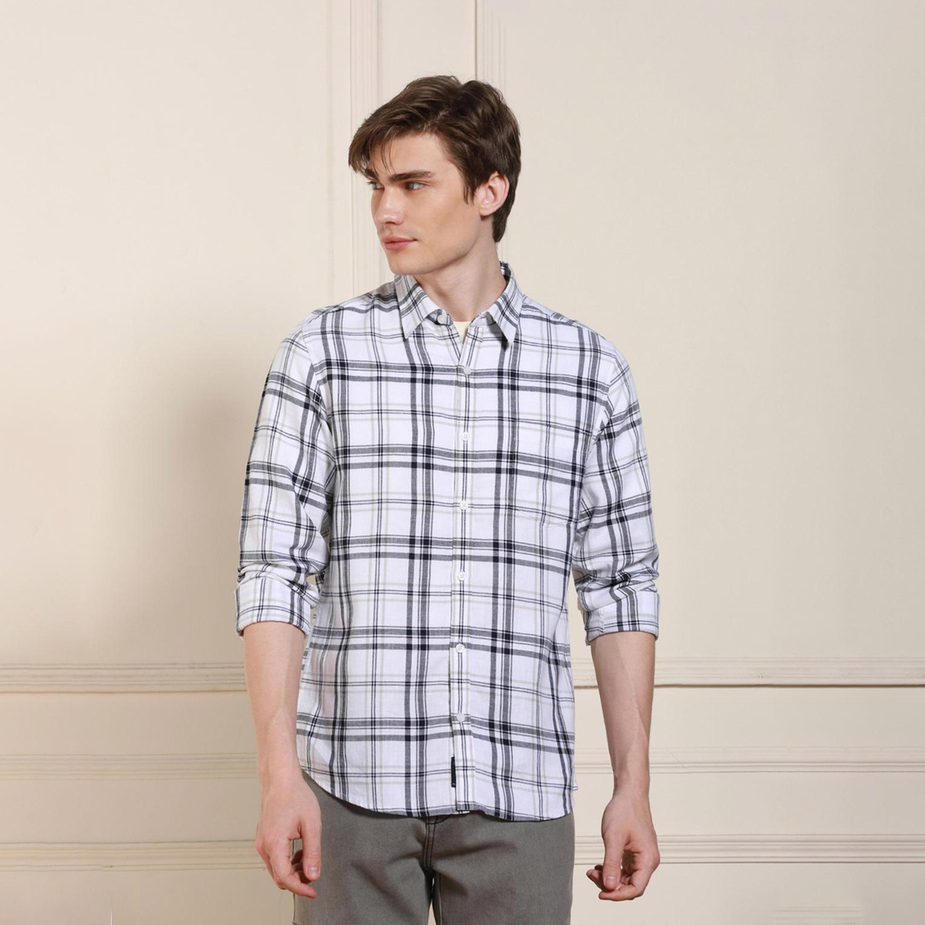 دينيس لينغو× ستايلي-  قميص قطني كاجوال قماش ترتان الأبيض-men-clothing-shirts-image-1