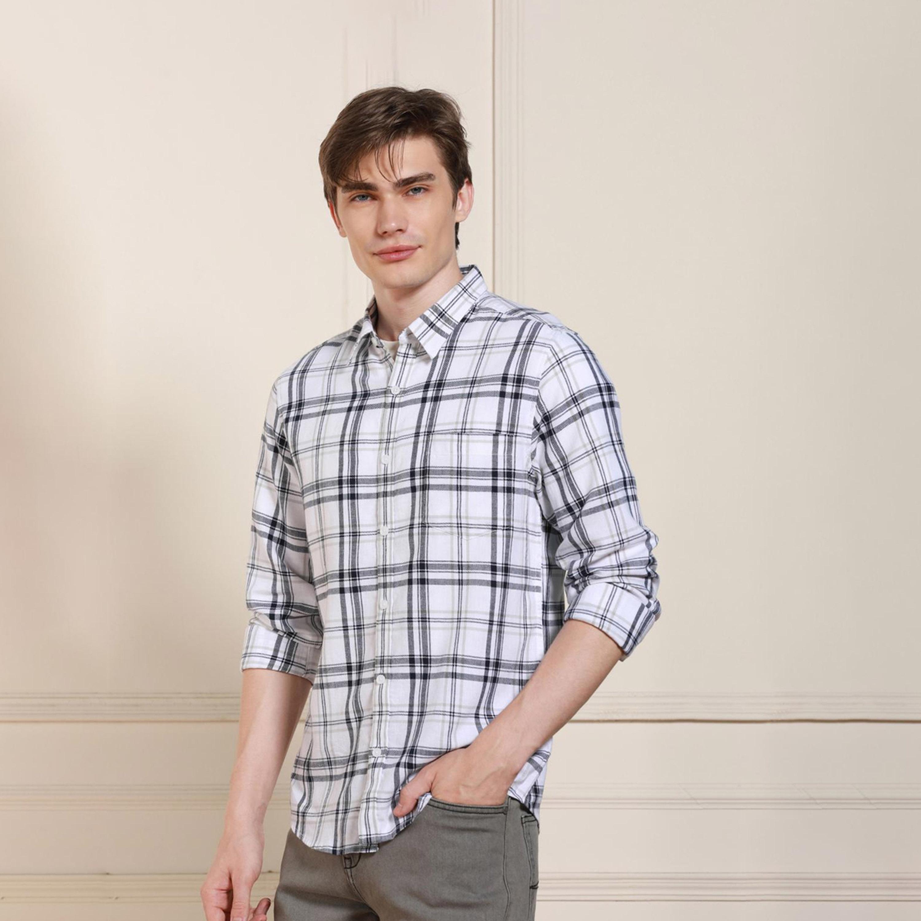 دينيس لينغو× ستايلي-  قميص قطني كاجوال قماش ترتان الأبيض-men-clothing-shirts-image-2
