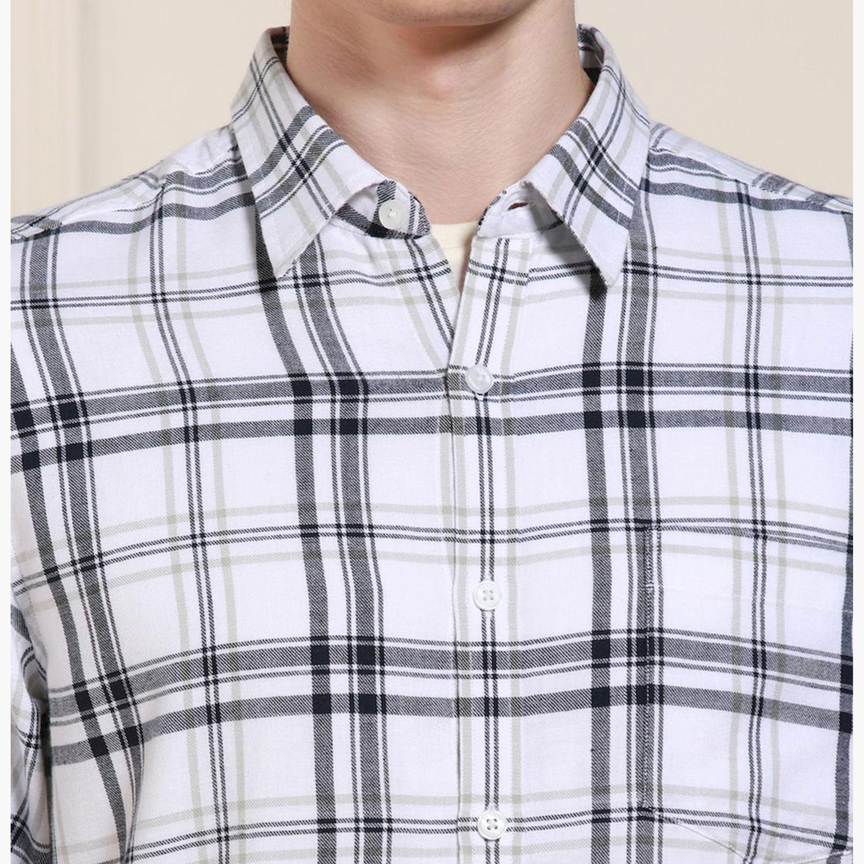 دينيس لينغو× ستايلي-  قميص قطني كاجوال قماش ترتان الأبيض-men-clothing-shirts-image-3