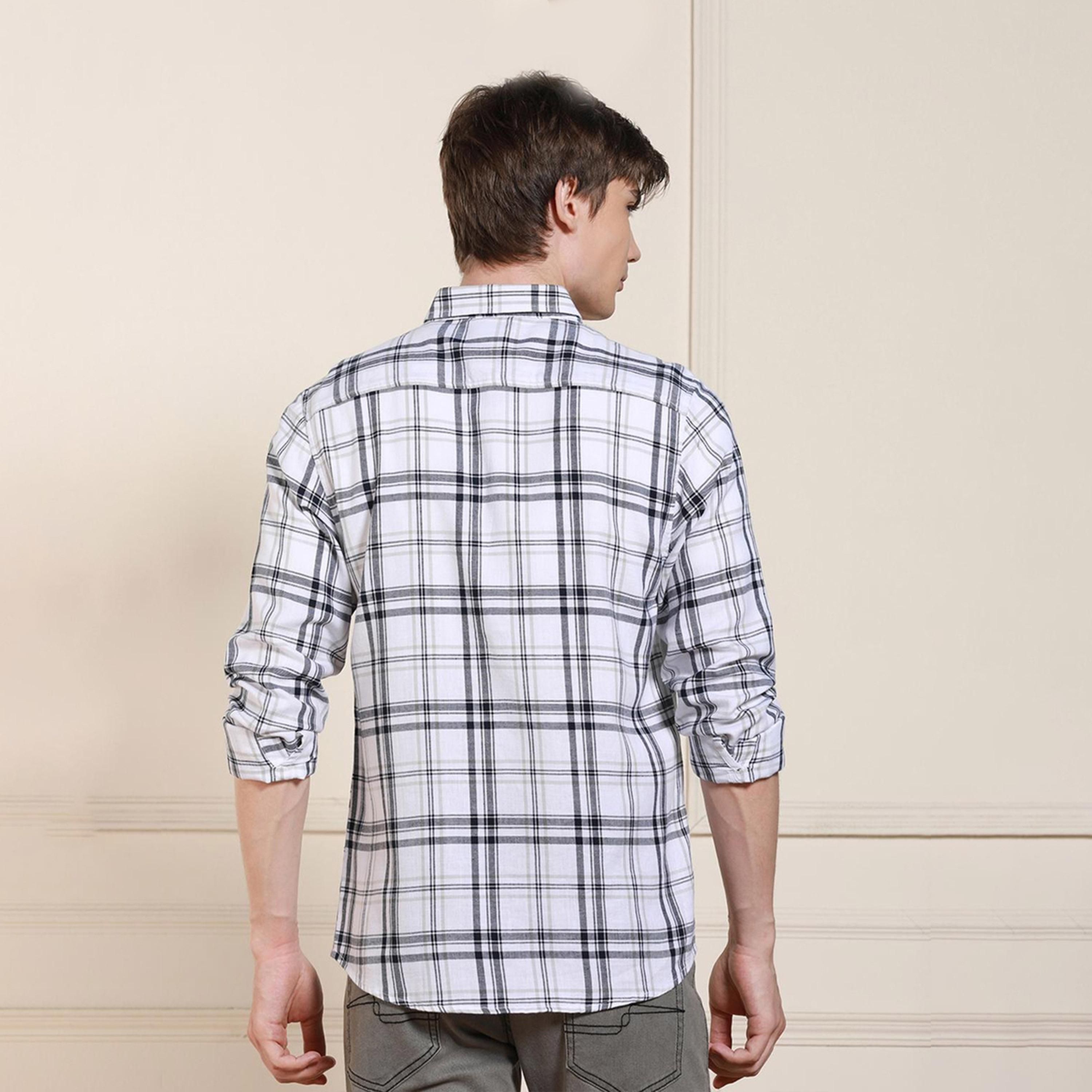 دينيس لينغو× ستايلي-  قميص قطني كاجوال قماش ترتان الأبيض-men-clothing-shirts-image-4