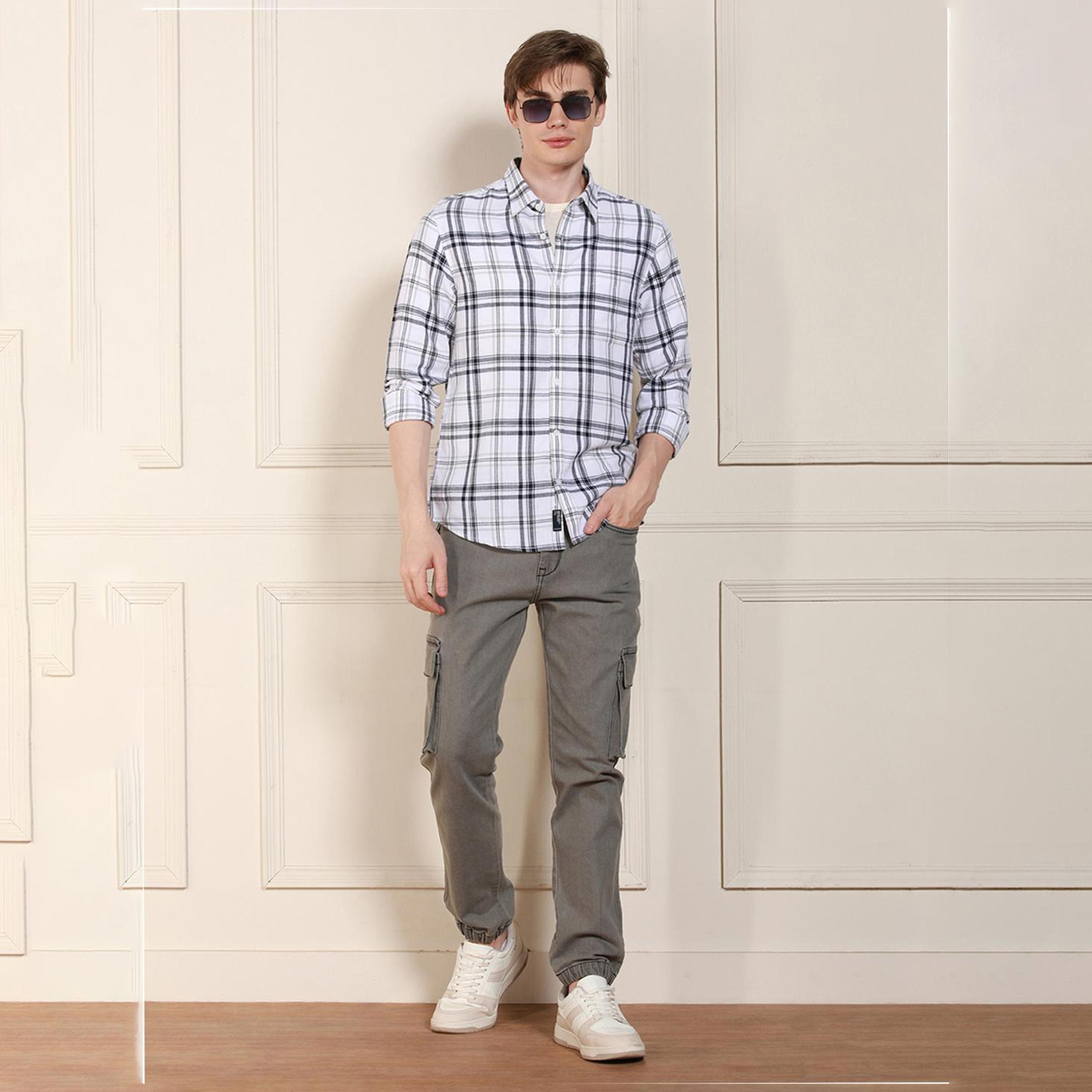 دينيس لينغو× ستايلي-  قميص قطني كاجوال قماش ترتان الأبيض-men-clothing-shirts-image-5