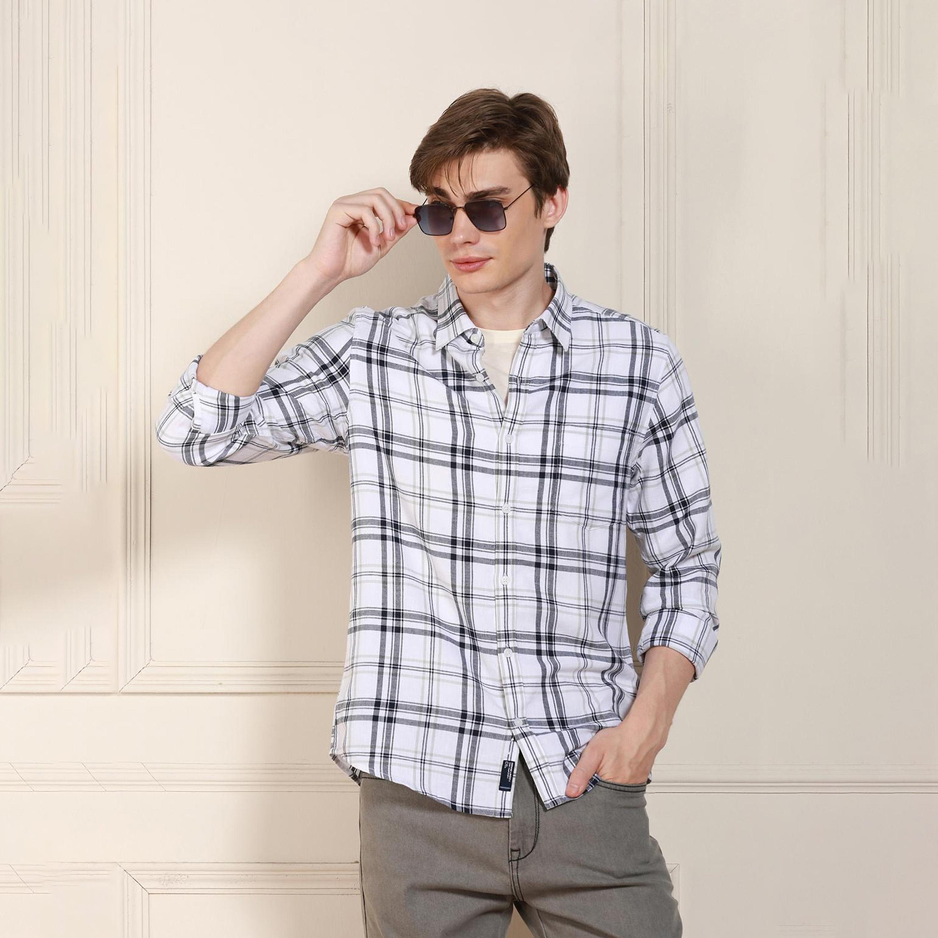 دينيس لينغو× ستايلي-  قميص قطني كاجوال قماش ترتان الأبيض-men-clothing-shirts-image-6