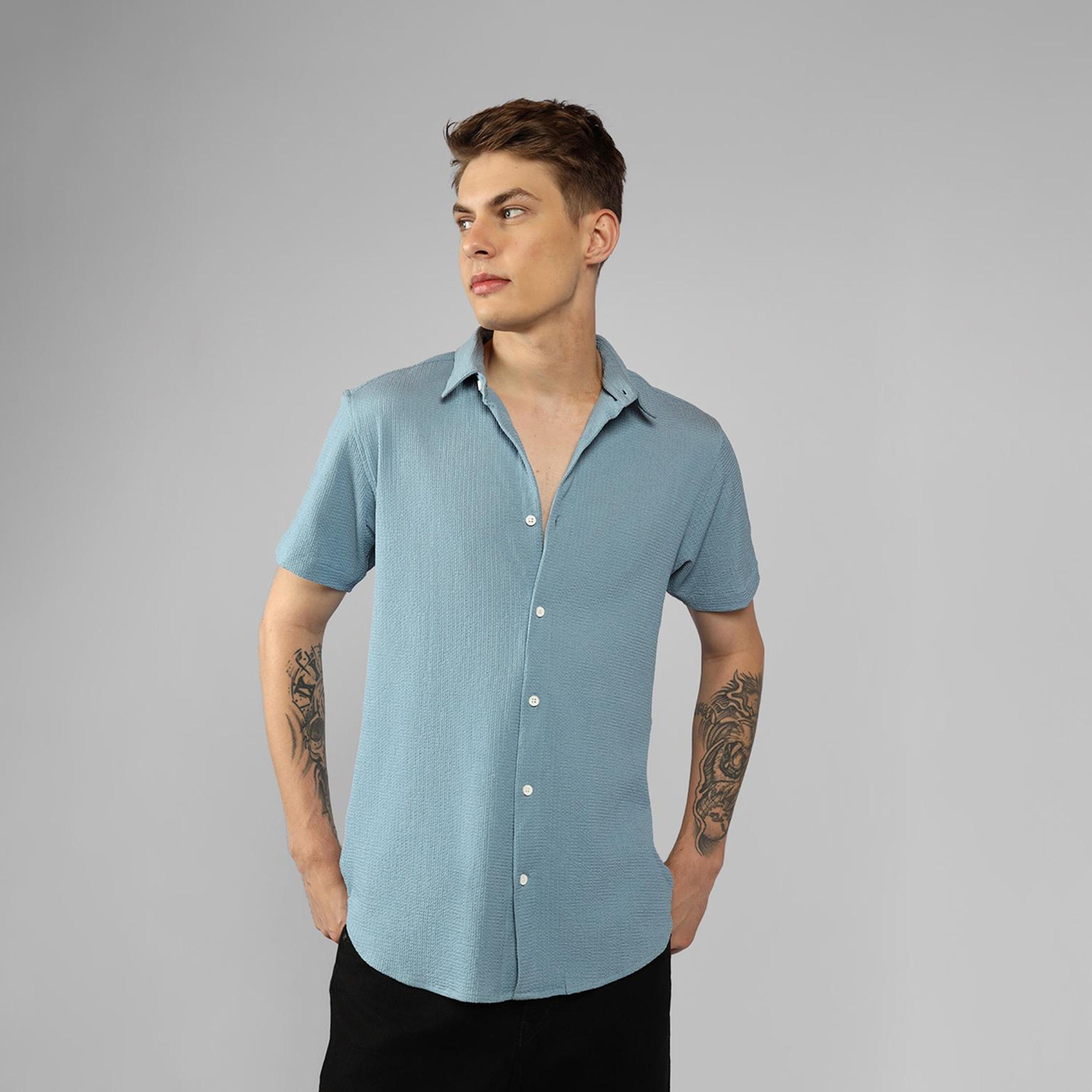 دينيس لينغو× ستايلي-  قميص كاجوال قطن ياقة ممتدة باللون الأزرق-men-clothing-shirts-image-1