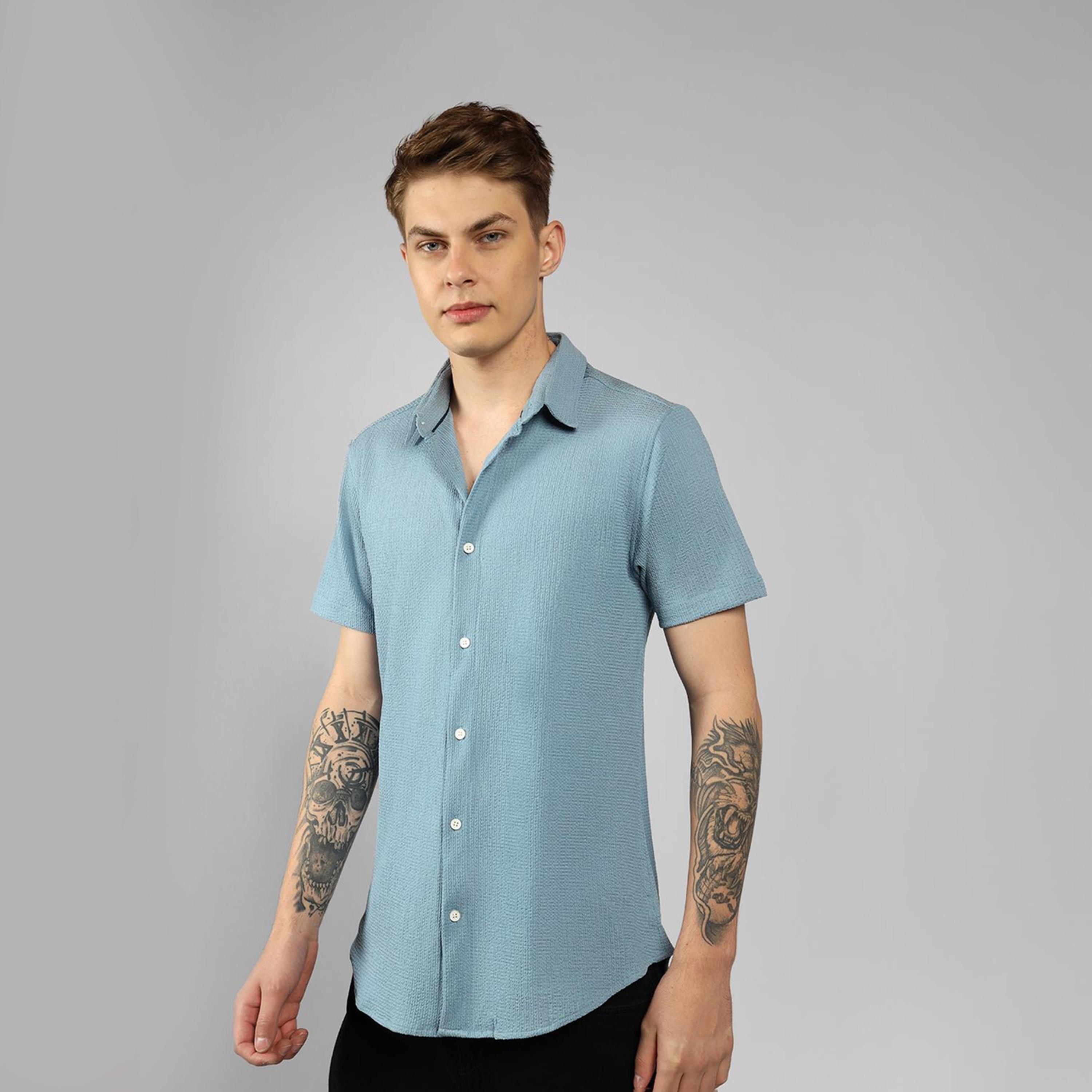 Dennis Lingo X Styli Blue Spread Collar Textured Cotton Casual Shirt-men-clothing-shirts-image-2