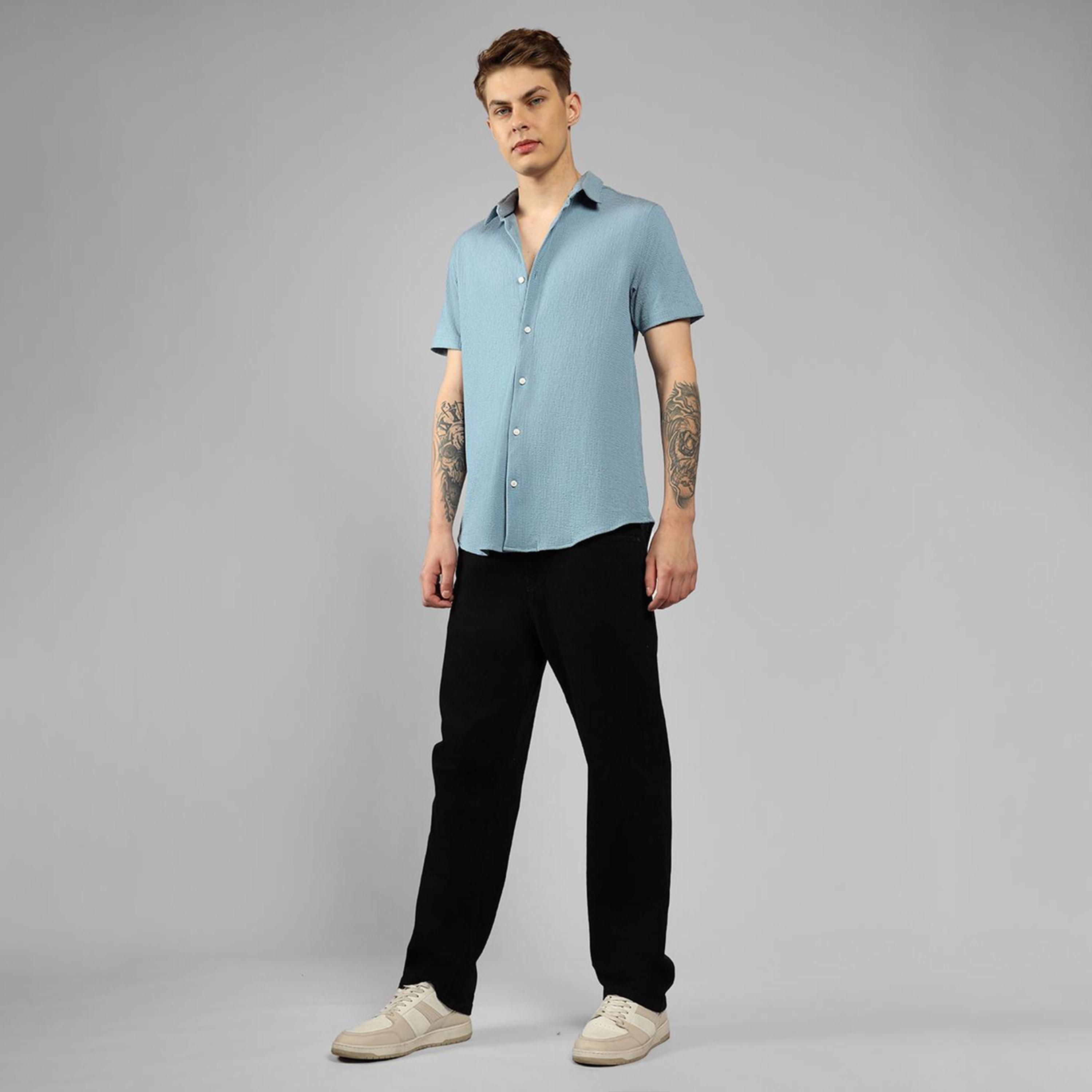 Dennis Lingo X Styli Blue Spread Collar Textured Cotton Casual Shirt-men-clothing-shirts-image-5