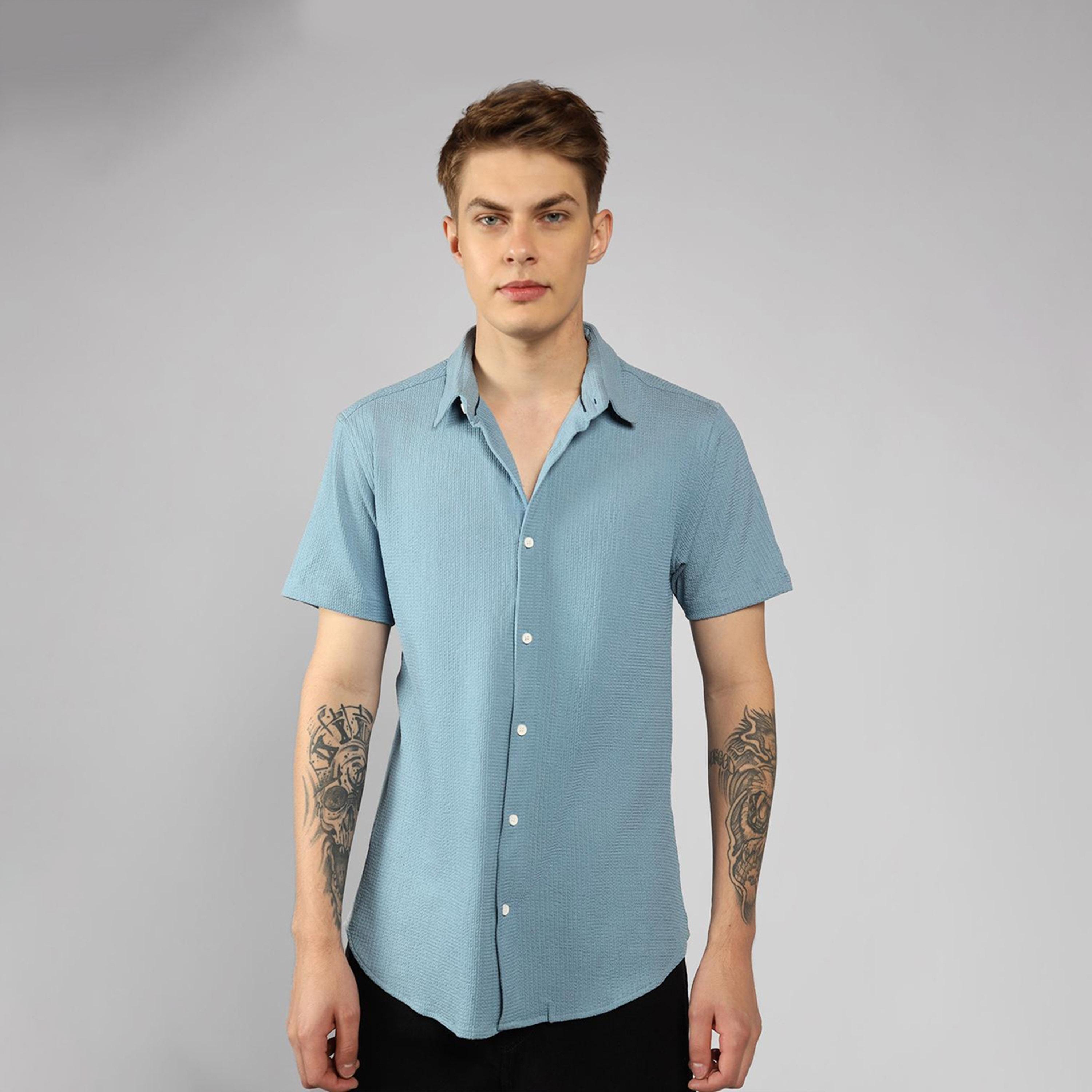 Dennis Lingo X Styli Blue Spread Collar Textured Cotton Casual Shirt-men-clothing-shirts-image-6