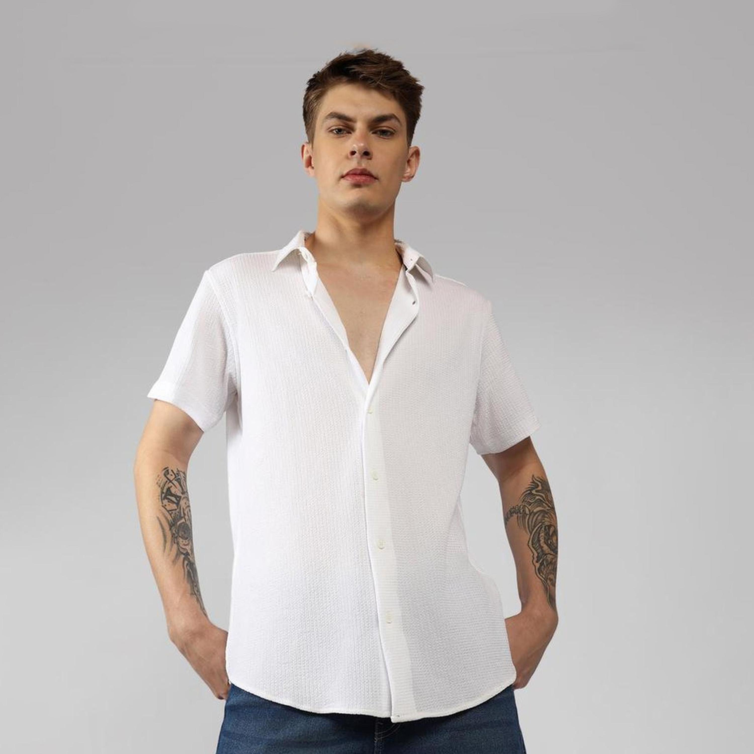 دينيس لينغو× ستايلي-  قميص قطني كاجوال ياقة واسعة لون أبيض-men-clothing-shirts-image-1