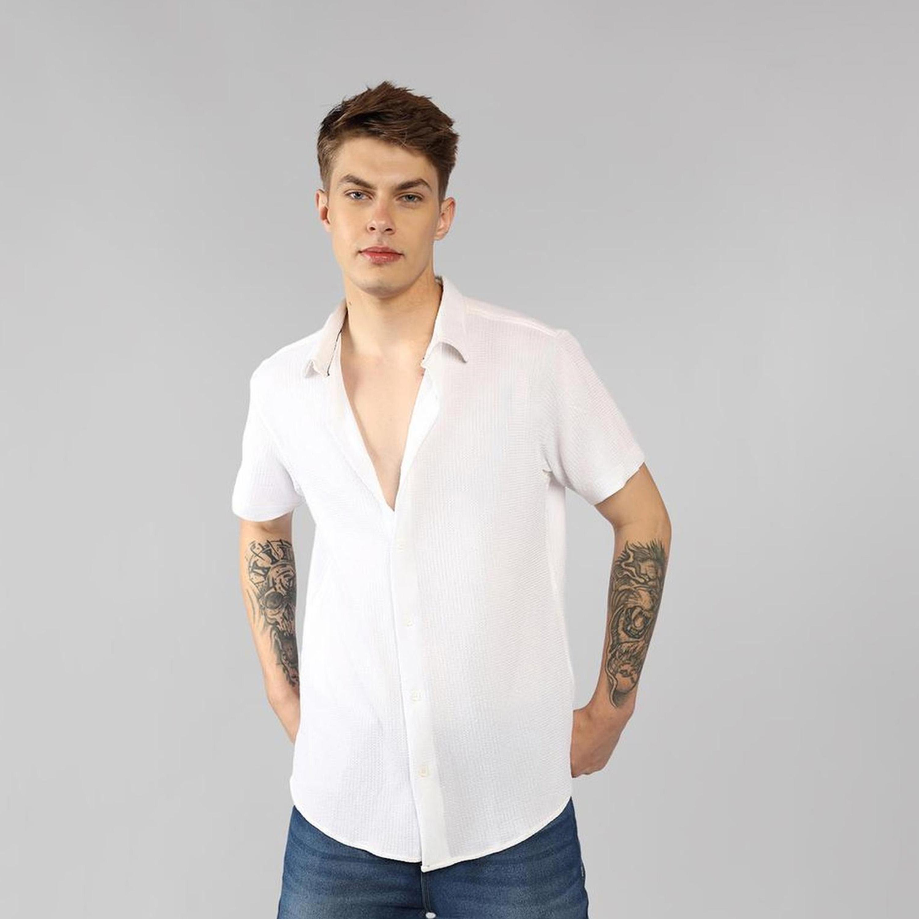 دينيس لينغو× ستايلي-  قميص قطني كاجوال ياقة واسعة لون أبيض-men-clothing-shirts-image-3