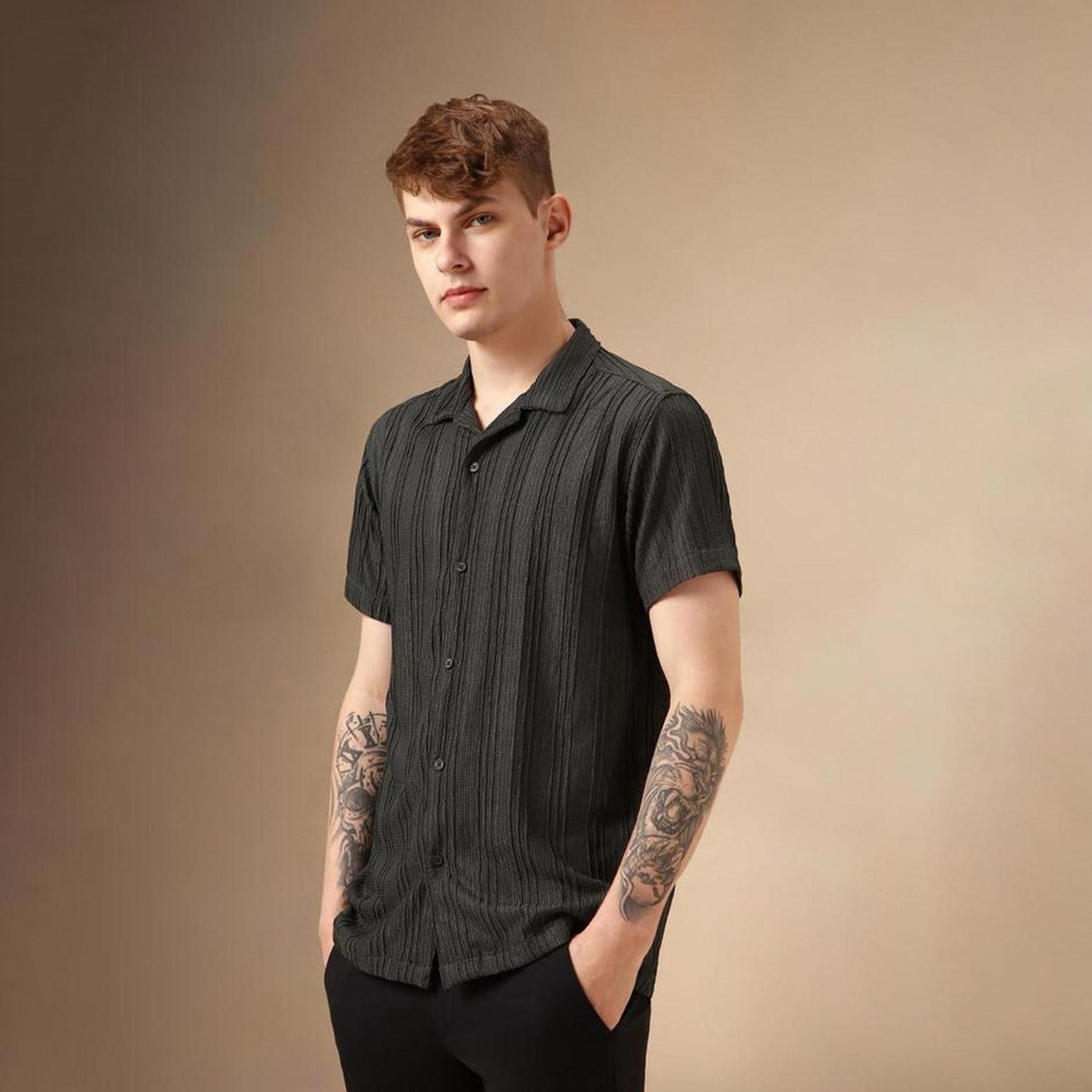 دينيس لينغو× ستايلي-  قميص قطني مخطط أنيق باللون الأزرق مريح-men-clothing-shirts-image-1