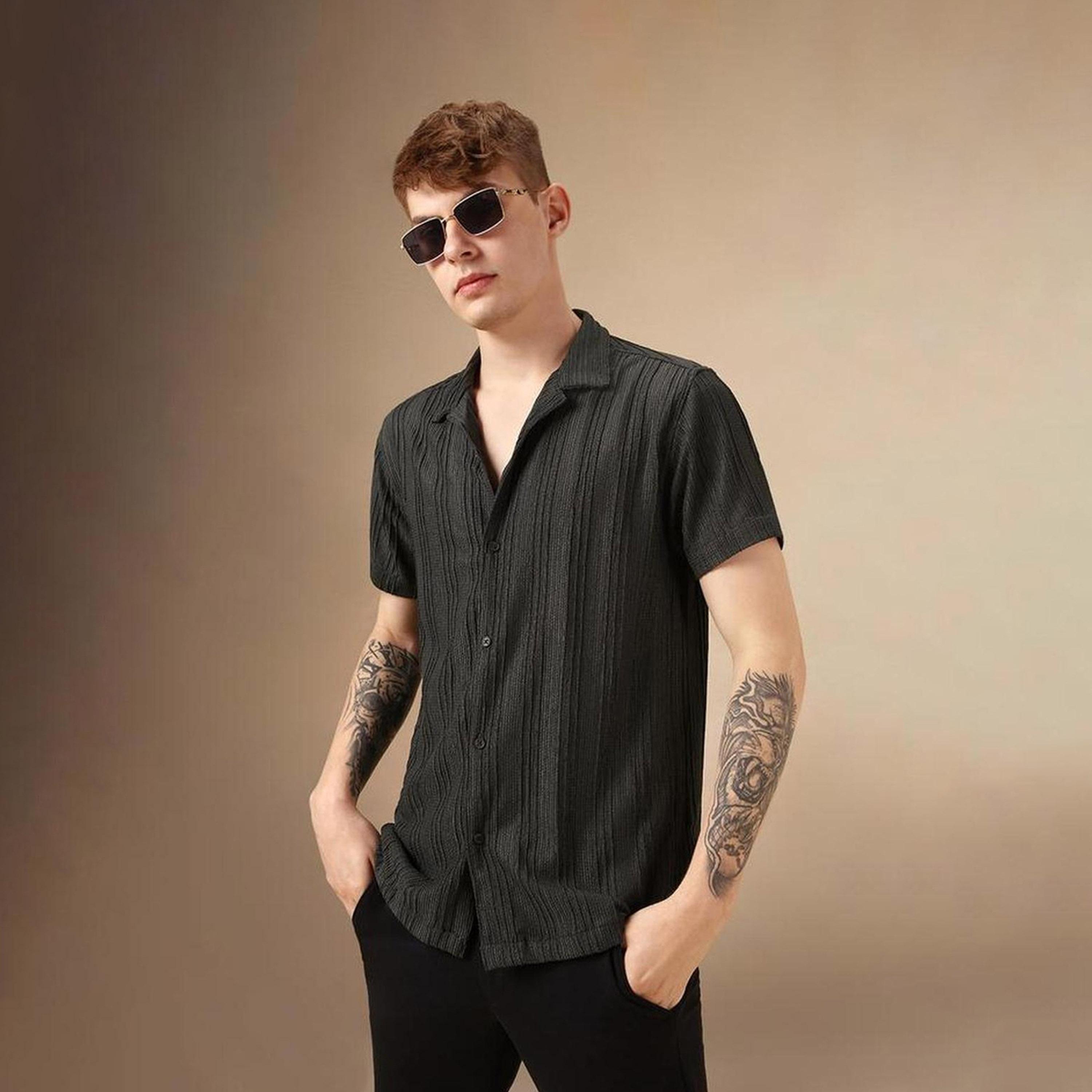 دينيس لينغو× ستايلي-  قميص قطني مخطط أنيق باللون الأزرق مريح-men-clothing-shirts-image-5