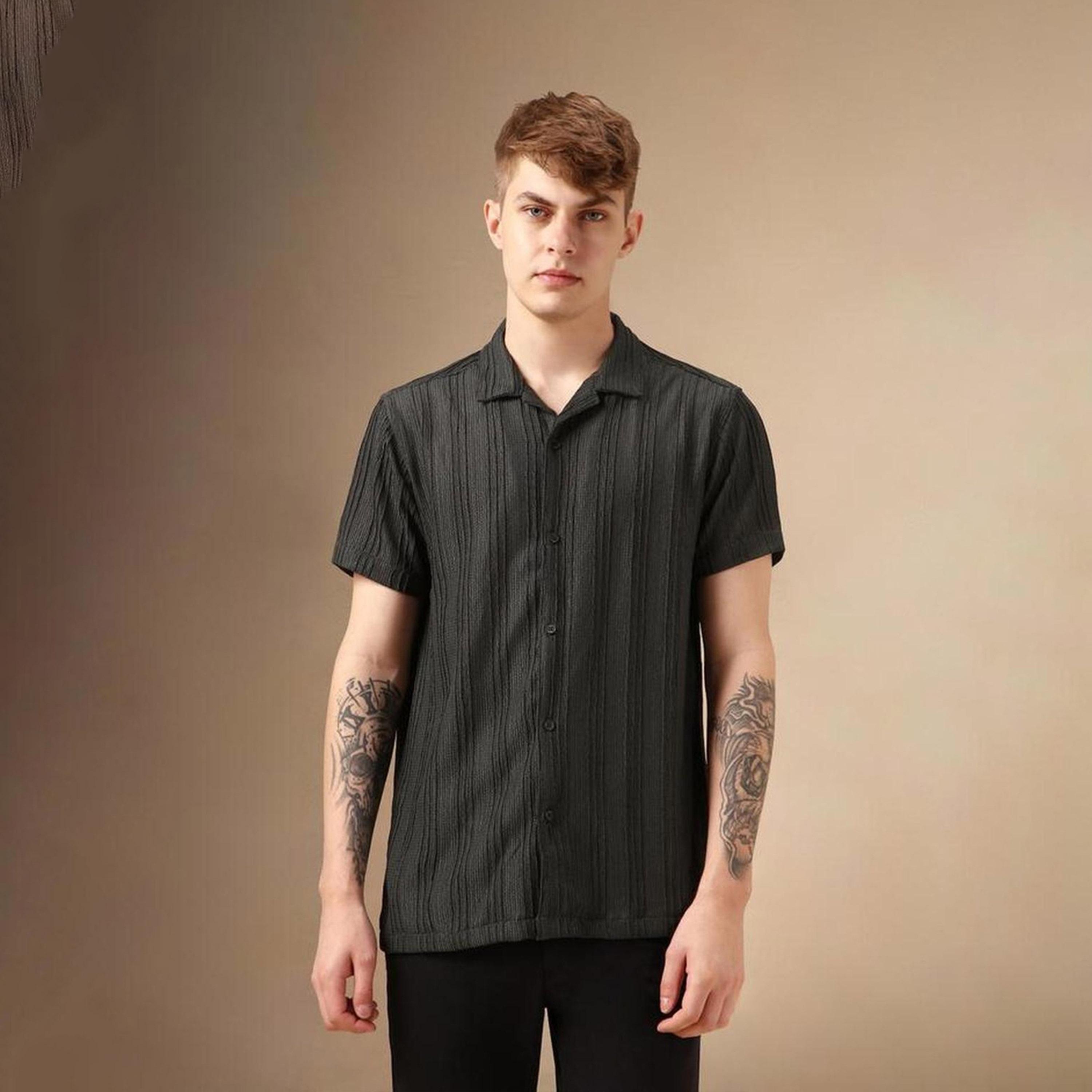 دينيس لينغو× ستايلي-  قميص قطني مخطط أنيق باللون الأزرق مريح-men-clothing-shirts-image-6