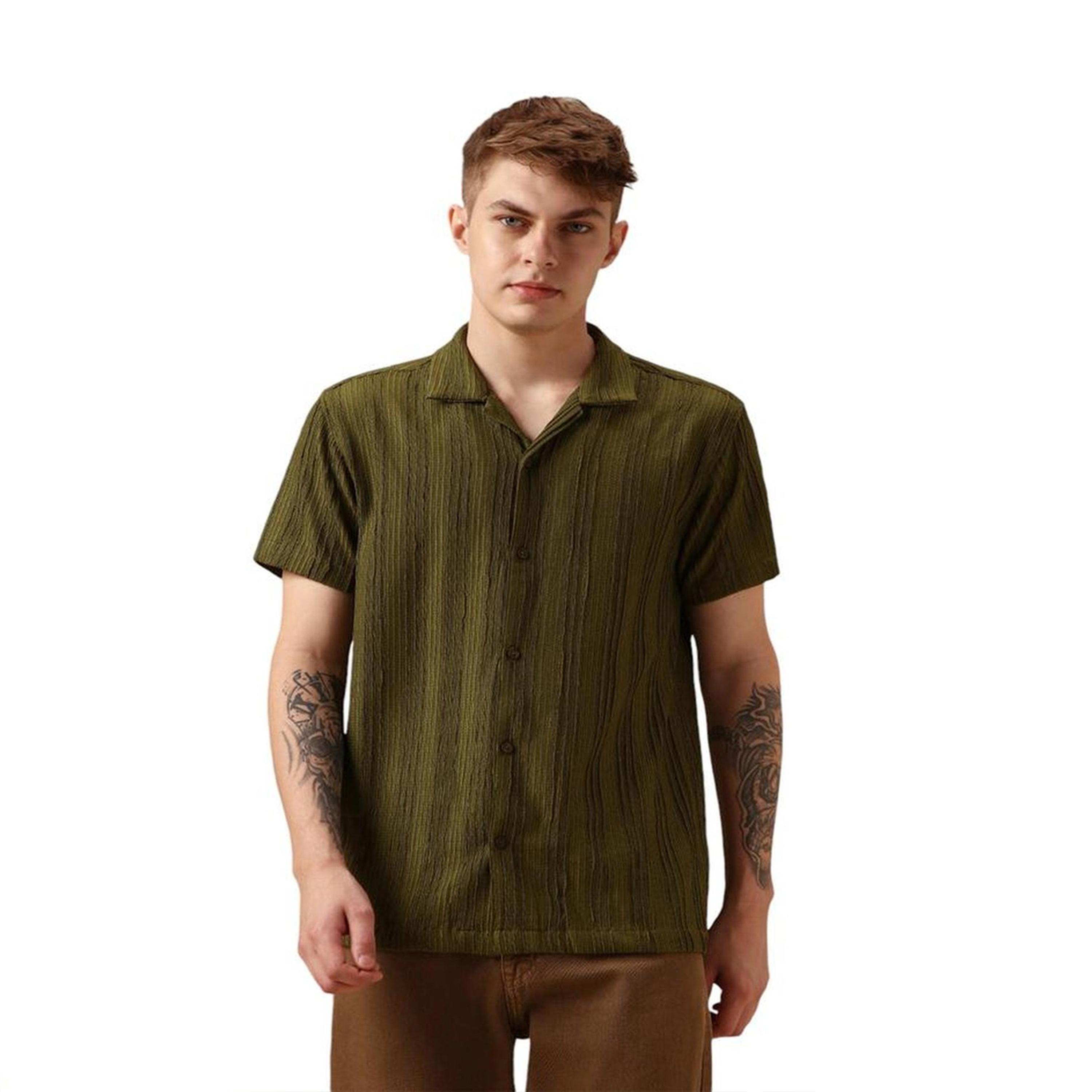 Dennis Lingo X Styli Green Smart Textured Striped Seersucker Relaxed Fit Casual Shirt-men-clothing-shirts-image-2