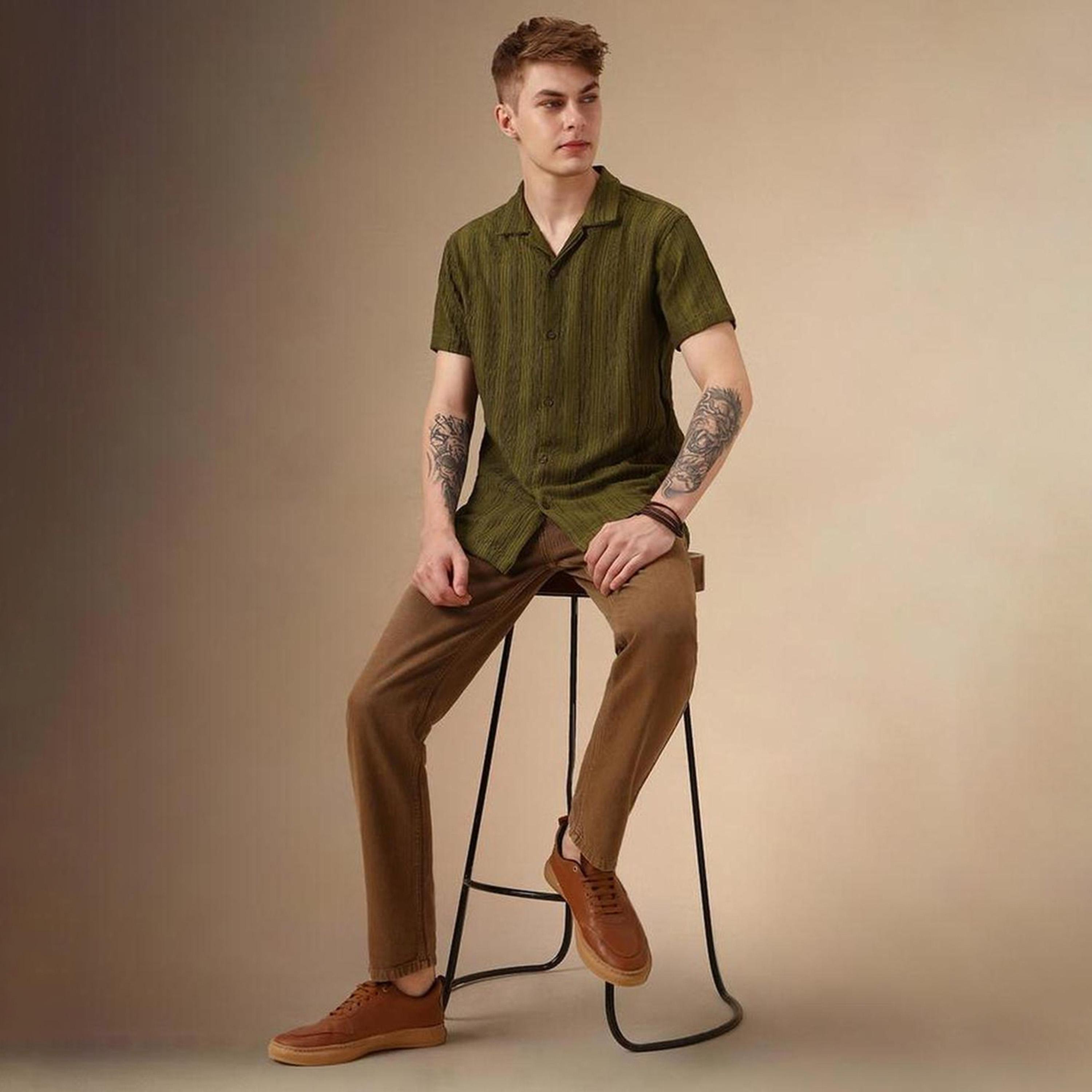 Dennis Lingo X Styli Green Smart Textured Striped Seersucker Relaxed Fit Casual Shirt-men-clothing-shirts-image-3