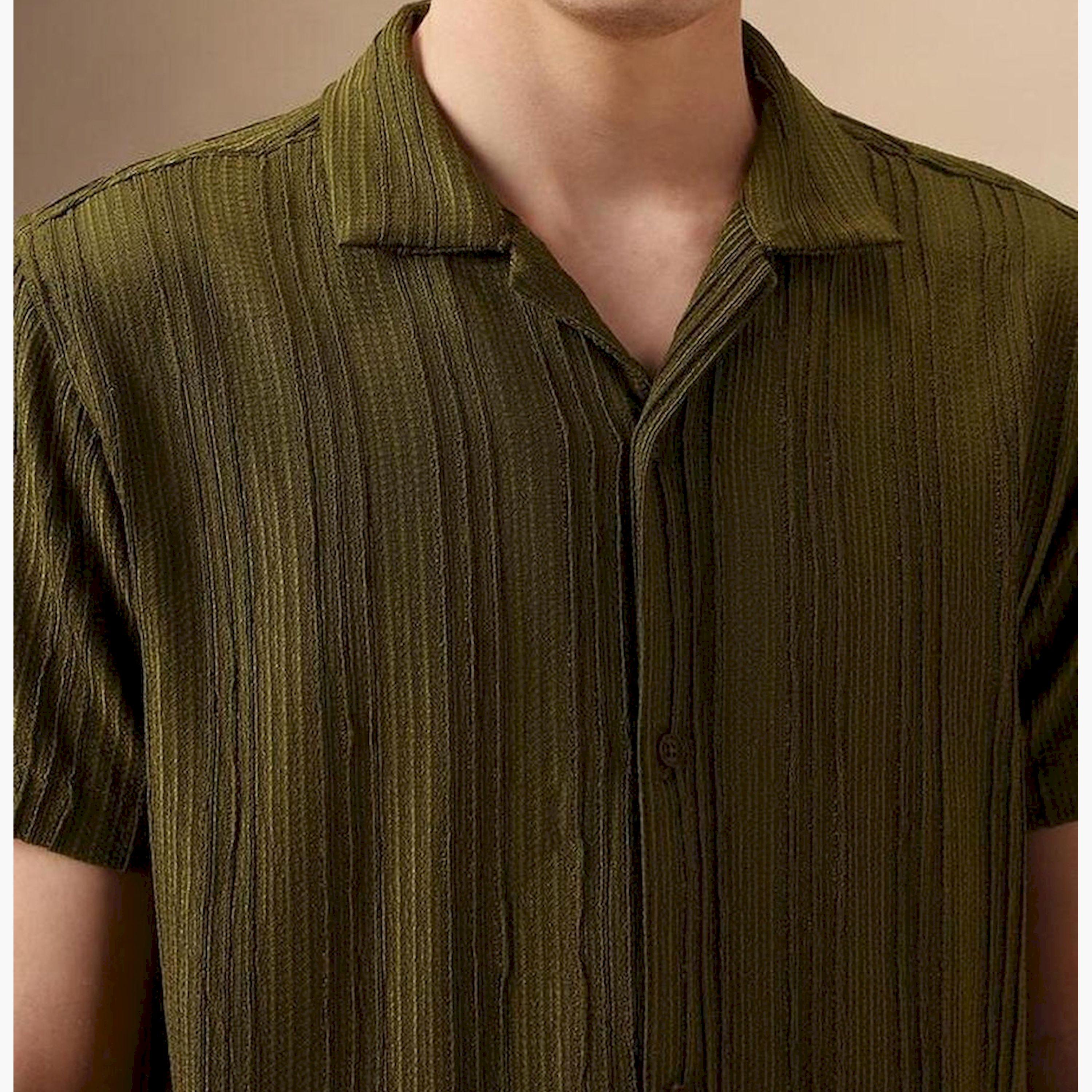 Dennis Lingo X Styli Green Smart Textured Striped Seersucker Relaxed Fit Casual Shirt-men-clothing-shirts-image-7