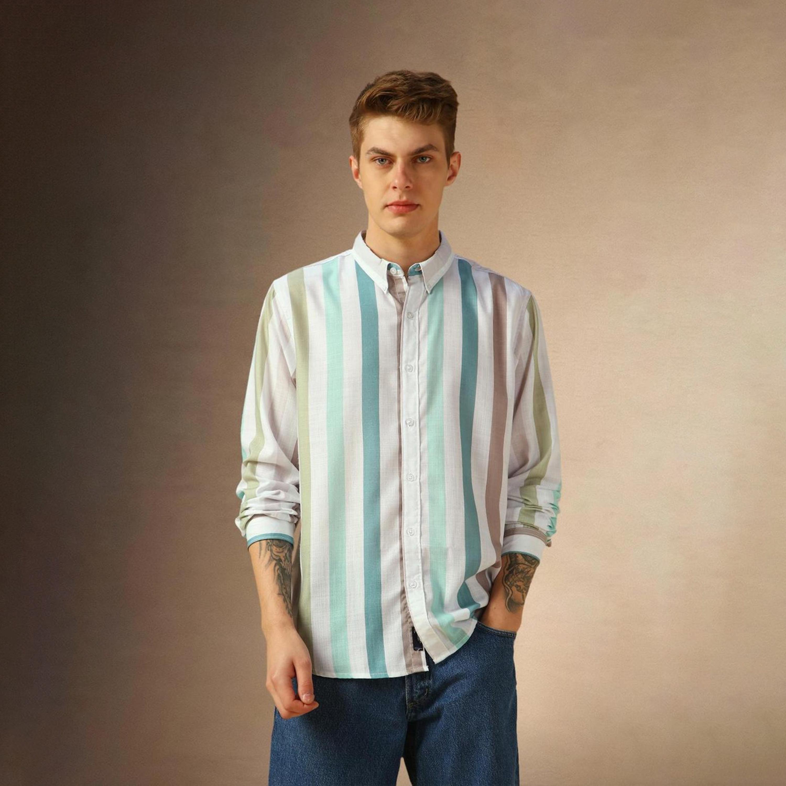 Dennis Lingo X Styli Multicolor Comfort Button-Down Collar Vertical Striped Cotton Casual Shirt-men-clothing-shirts-image-2