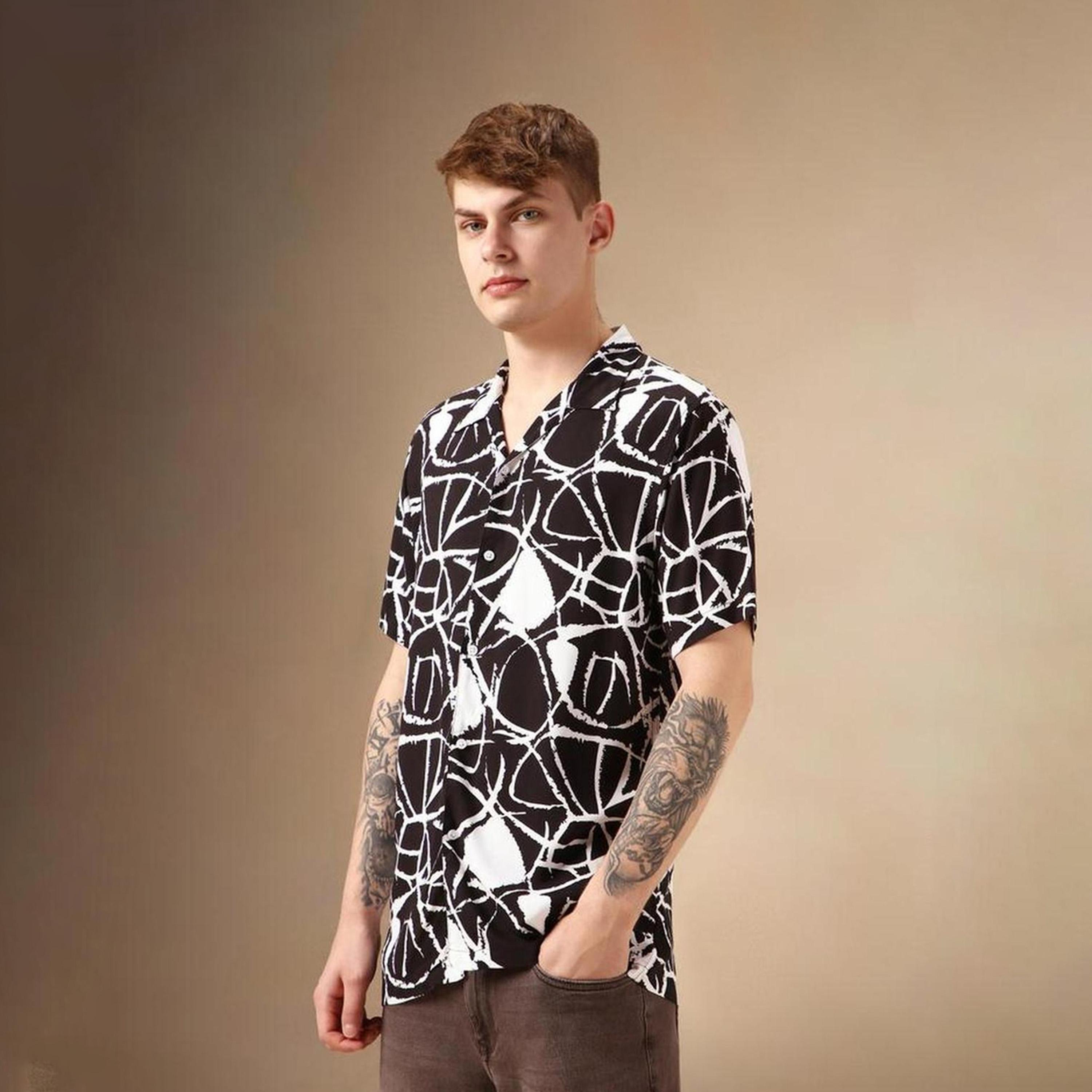 دينيس لينغو× ستايلي-  قميص كاجوال متعدد الألوان ياقة كوبية مطبوعة تجريدية ذكية-men-clothing-shirts-image-3