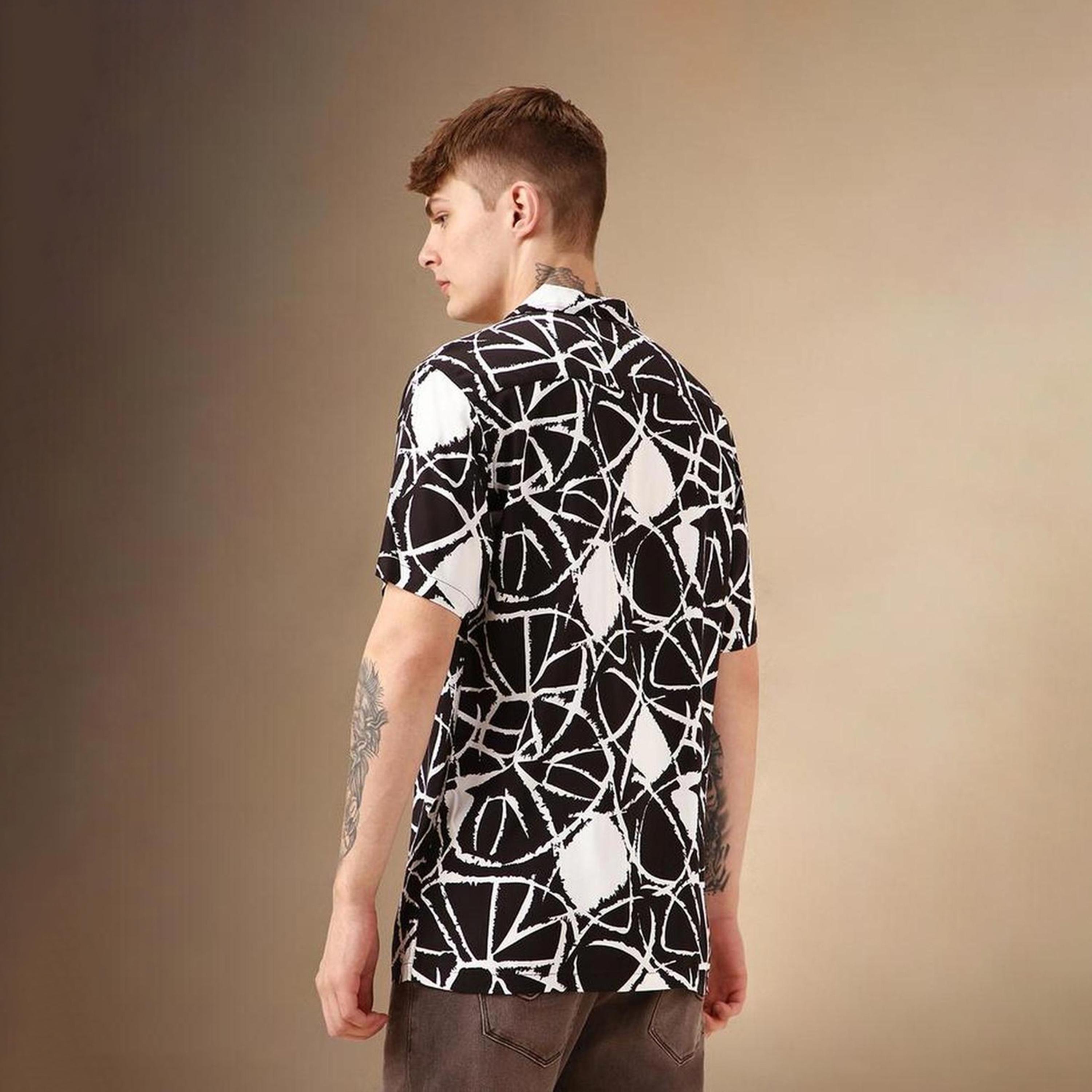دينيس لينغو× ستايلي-  قميص كاجوال متعدد الألوان ياقة كوبية مطبوعة تجريدية ذكية-men-clothing-shirts-image-4