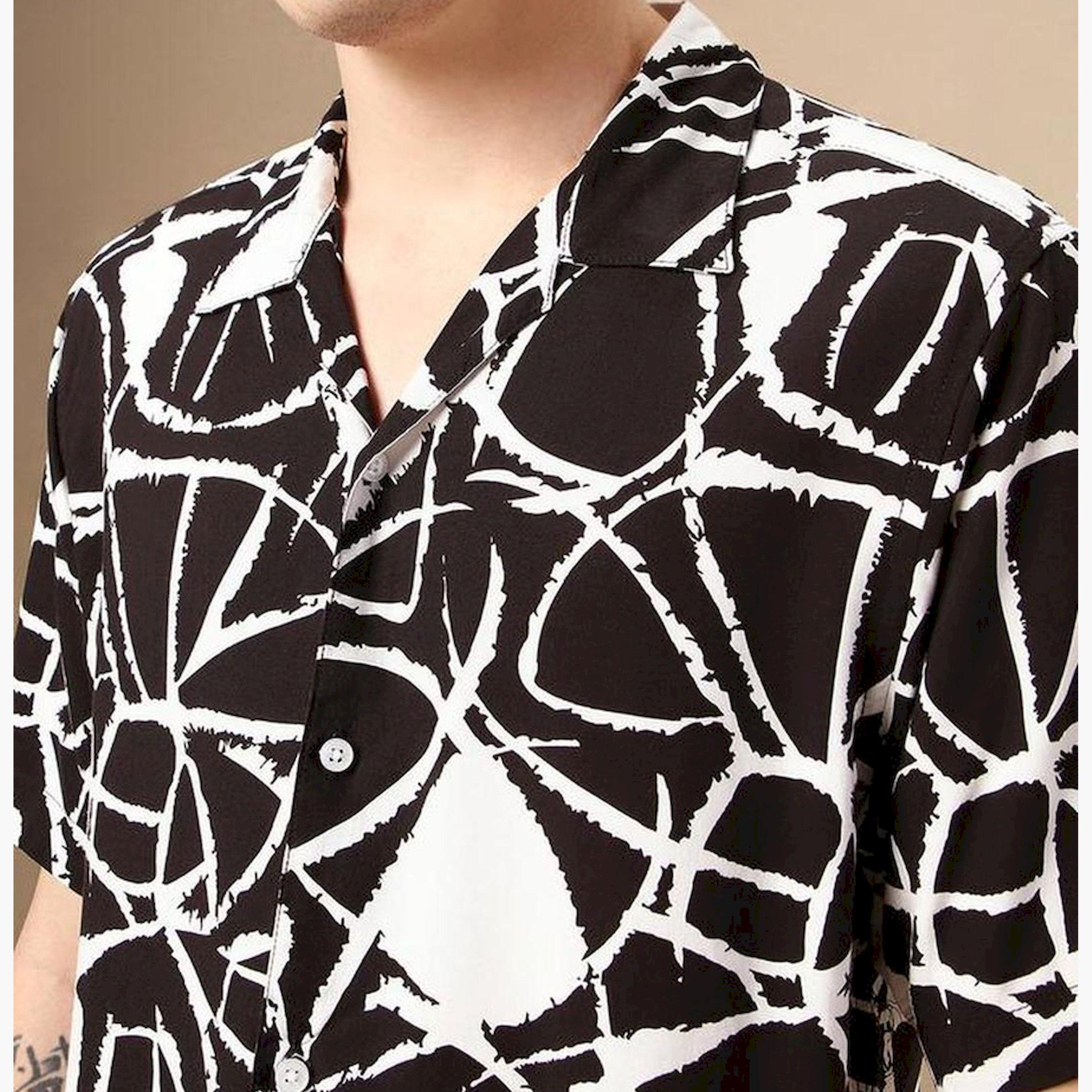 دينيس لينغو× ستايلي-  قميص كاجوال متعدد الألوان ياقة كوبية مطبوعة تجريدية ذكية-men-clothing-shirts-image-5