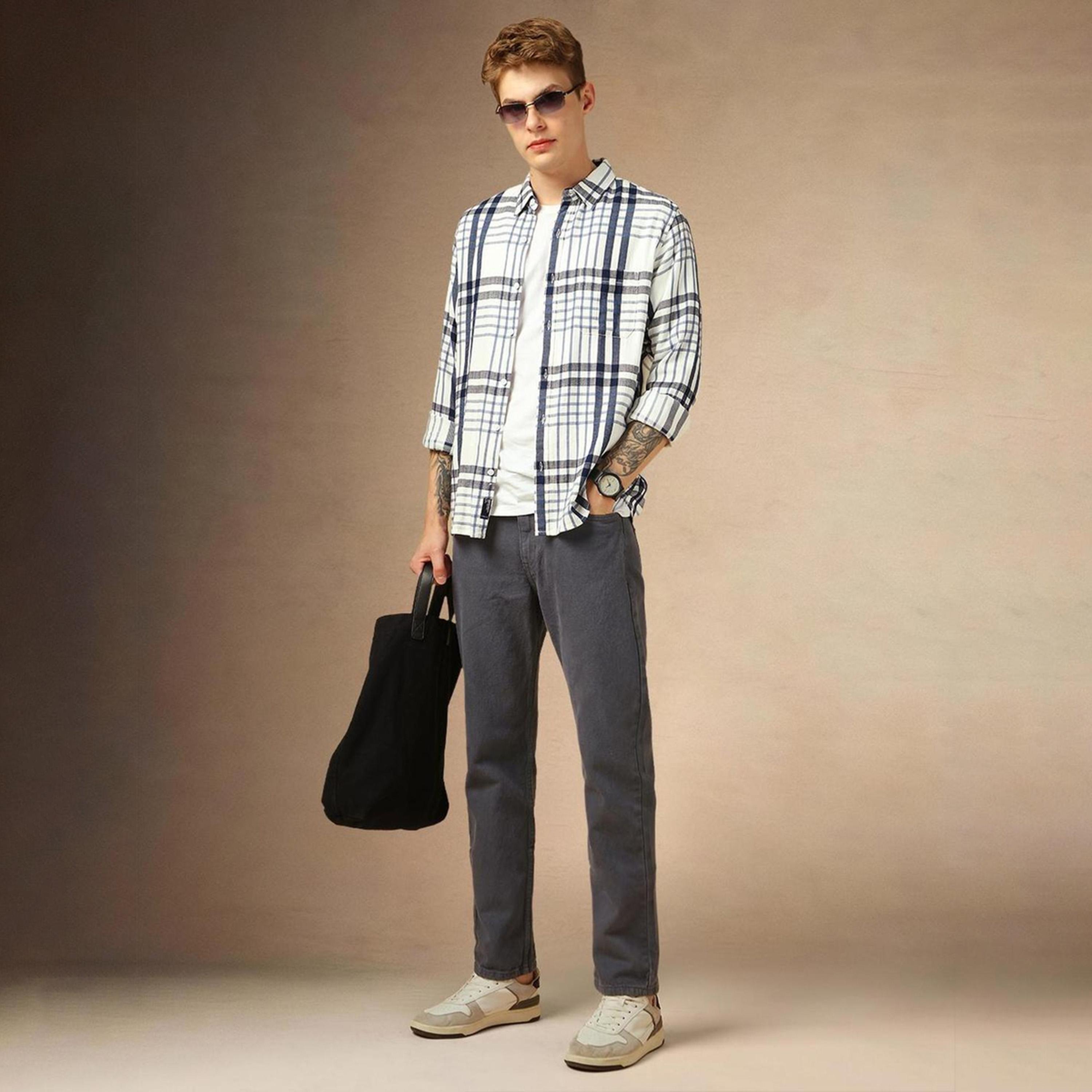 دينيس لينغو× ستايلي-  قميص كاجوال قطن للرجال ياقة واسعة قماش ترتان ذو مربعات-men-clothing-shirts-image-1